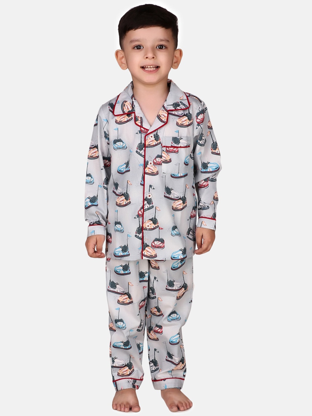 

Hippodrome Kids Bumper Cars Printed Cotton Full Sleeves Night Suit, Grey