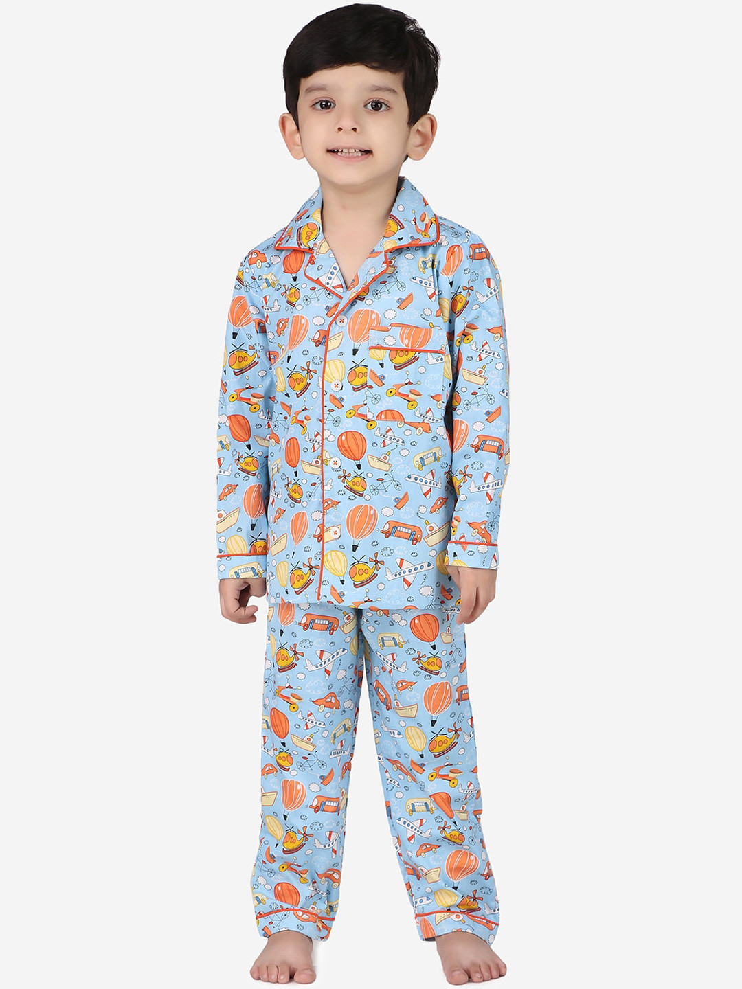 

Hippodrome Kids Blue Cars Helicopters & Aeroplanes Printed Cotton Full Sleeves Night Suit