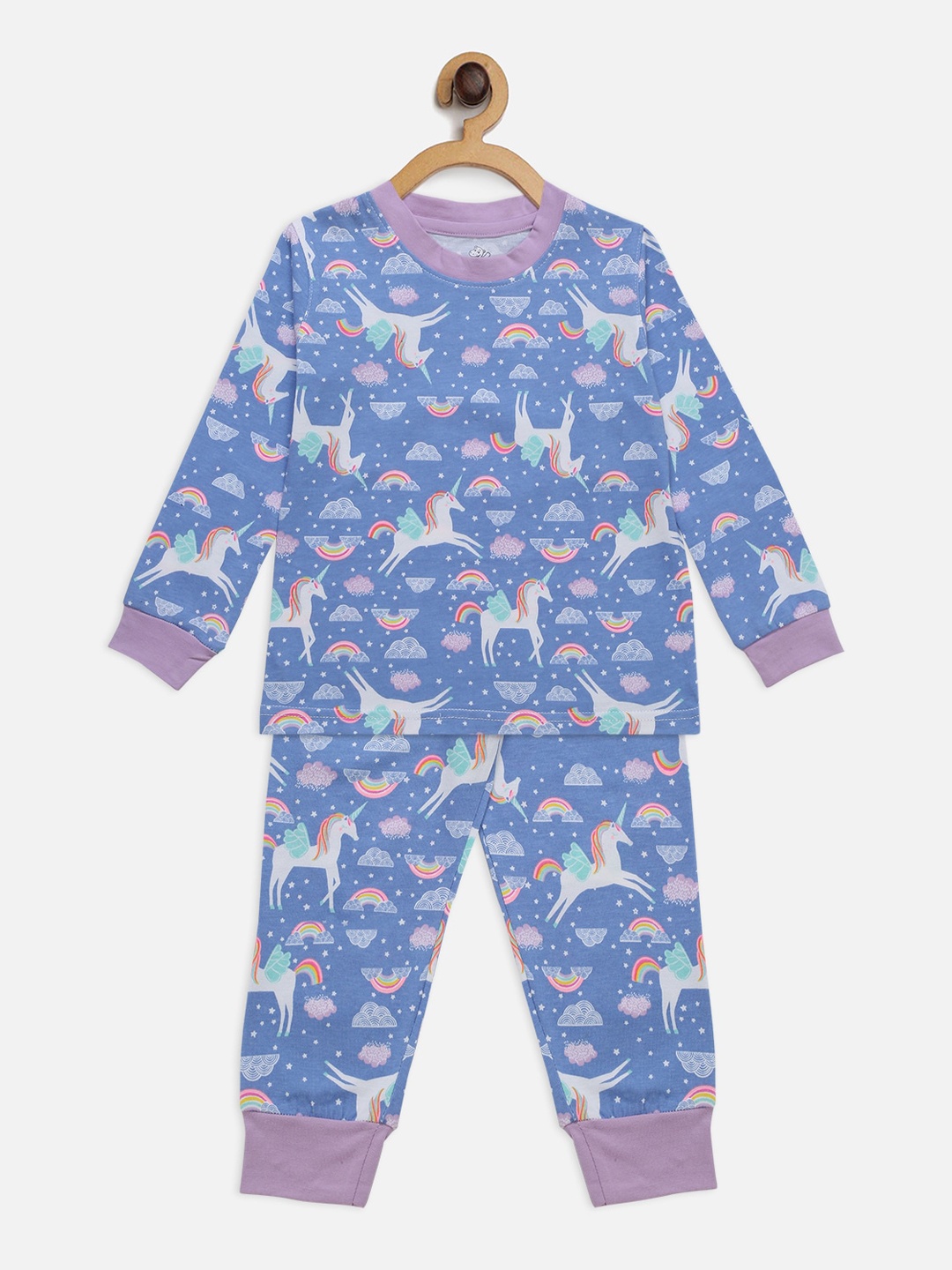 

Hippodrome Girls Magical Unicorn Rainbow Printed Cotton Full Sleeves Night Suit Set, Blue