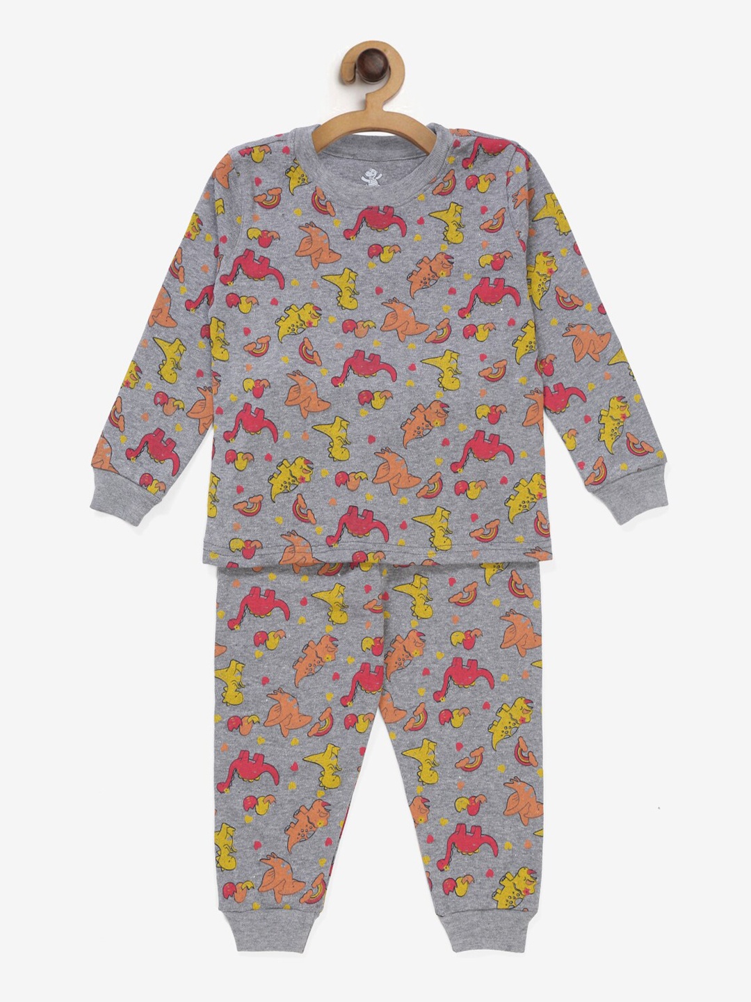 

Hippodrome Kids Cute Dinosaur Printed Cotton Full Sleeves Night Suit, Grey