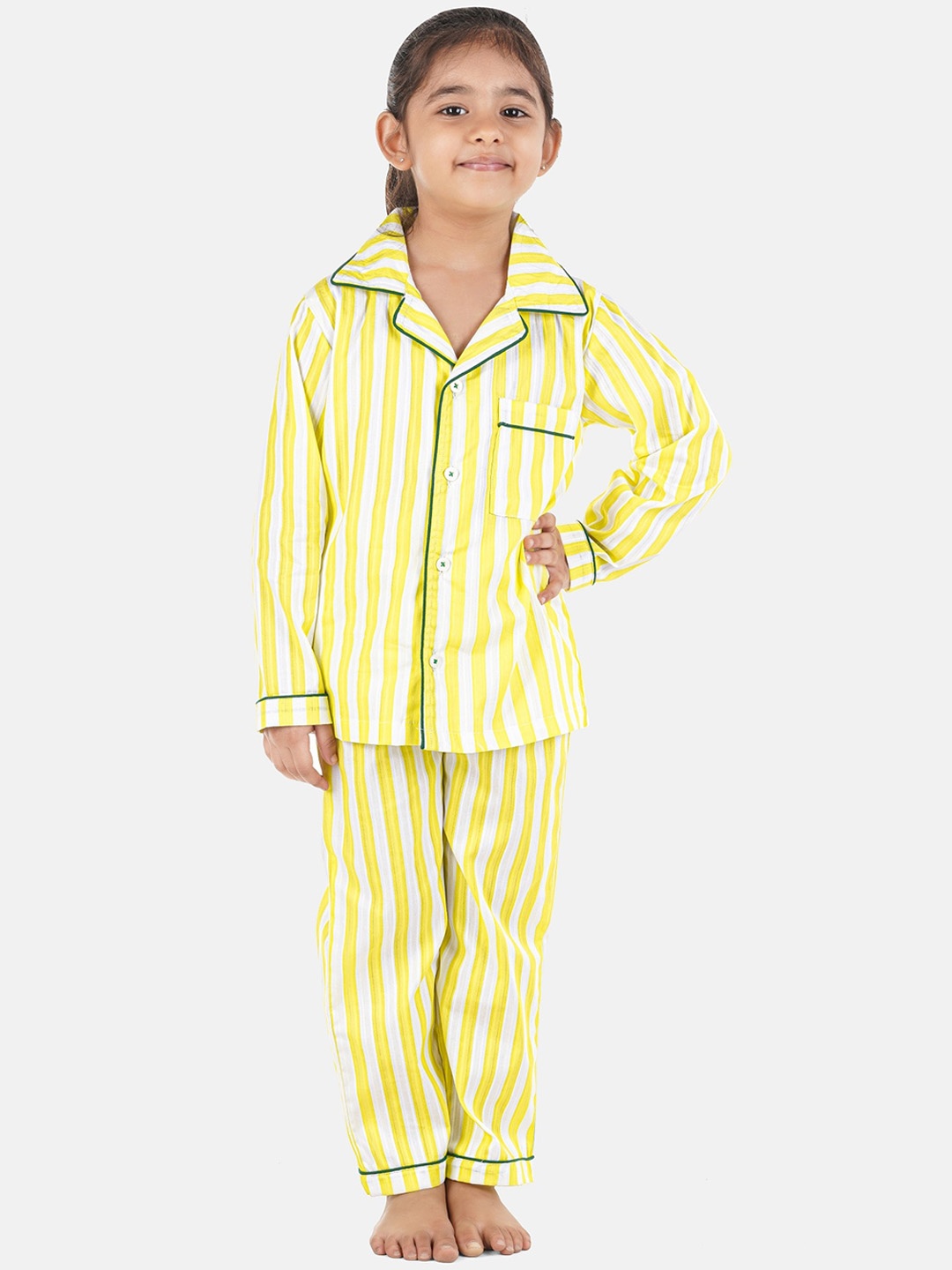 

Hippodrome Girls Yellow & White Stripe Printed Cotton Full Sleeves Night Suit