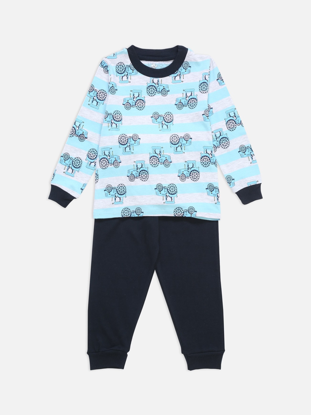 

Hippodrome Boys Blue Cars & Tractors Printed Cotton Full Sleeves Night Suit Set, Navy blue