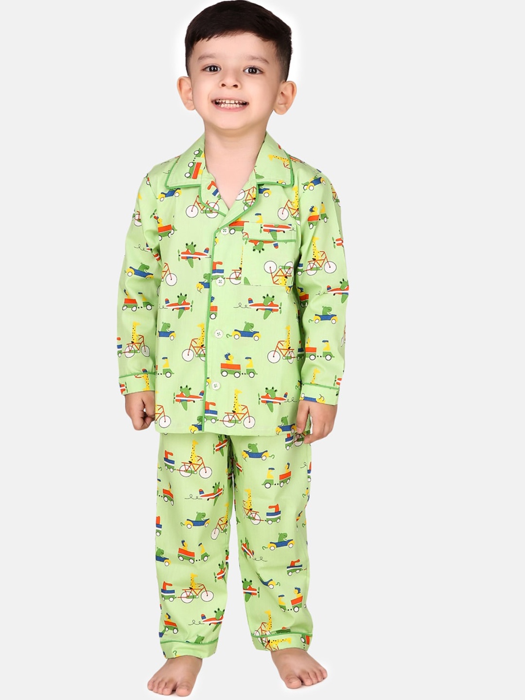 

Hippodrome Kids Jungle Jamboree Cute Animals Printed Cotton Full Sleeves Night Suit, Green