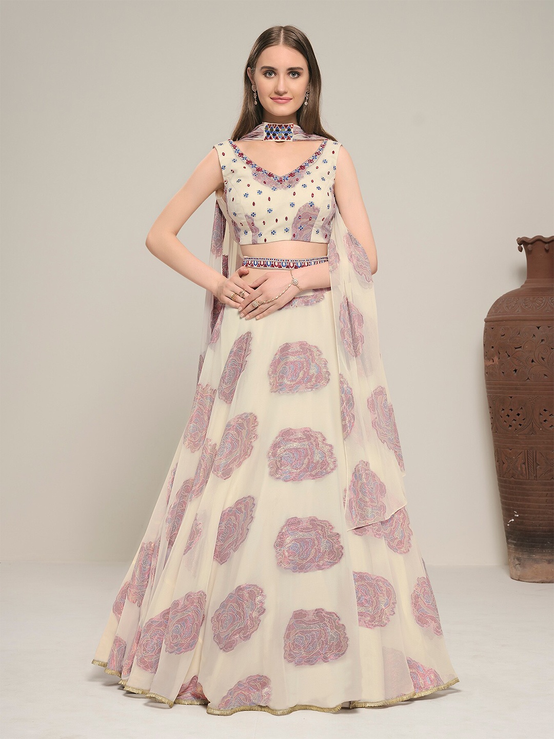 

DRESSTIVE Embellished Thread Work Semi-Stitched Lehenga Choli with Dupatta & Belt, Off white