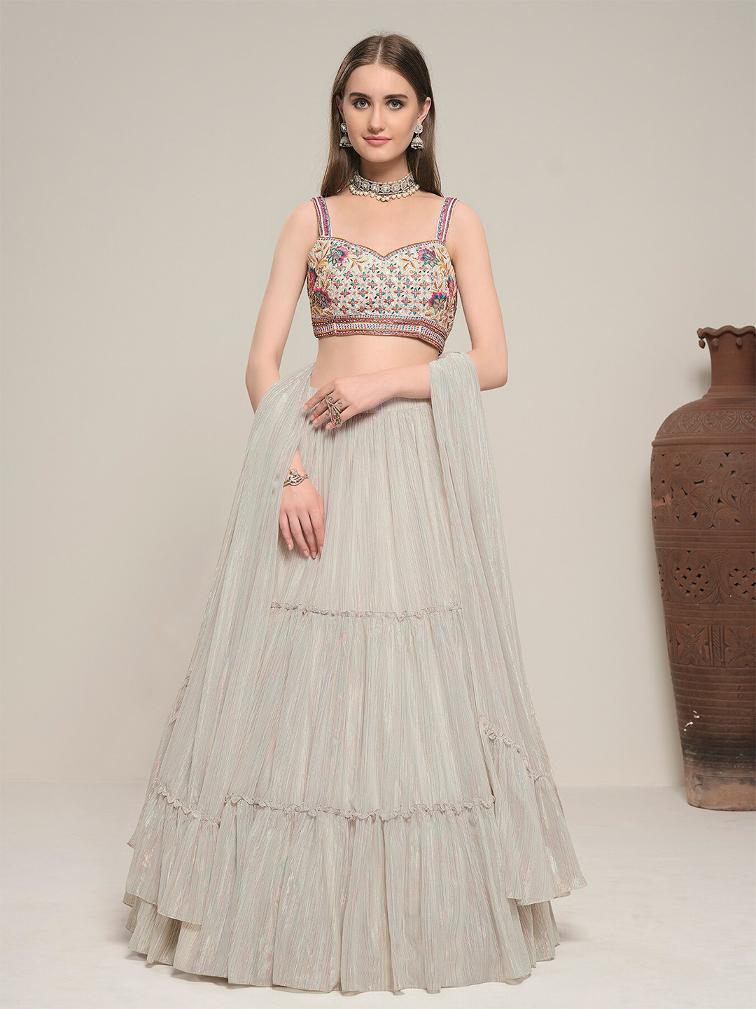 

DRESSTIVE Embroidered Thread Work Semi-Stitched Lehenga & Unstitched Blouse With Dupatta, Off white