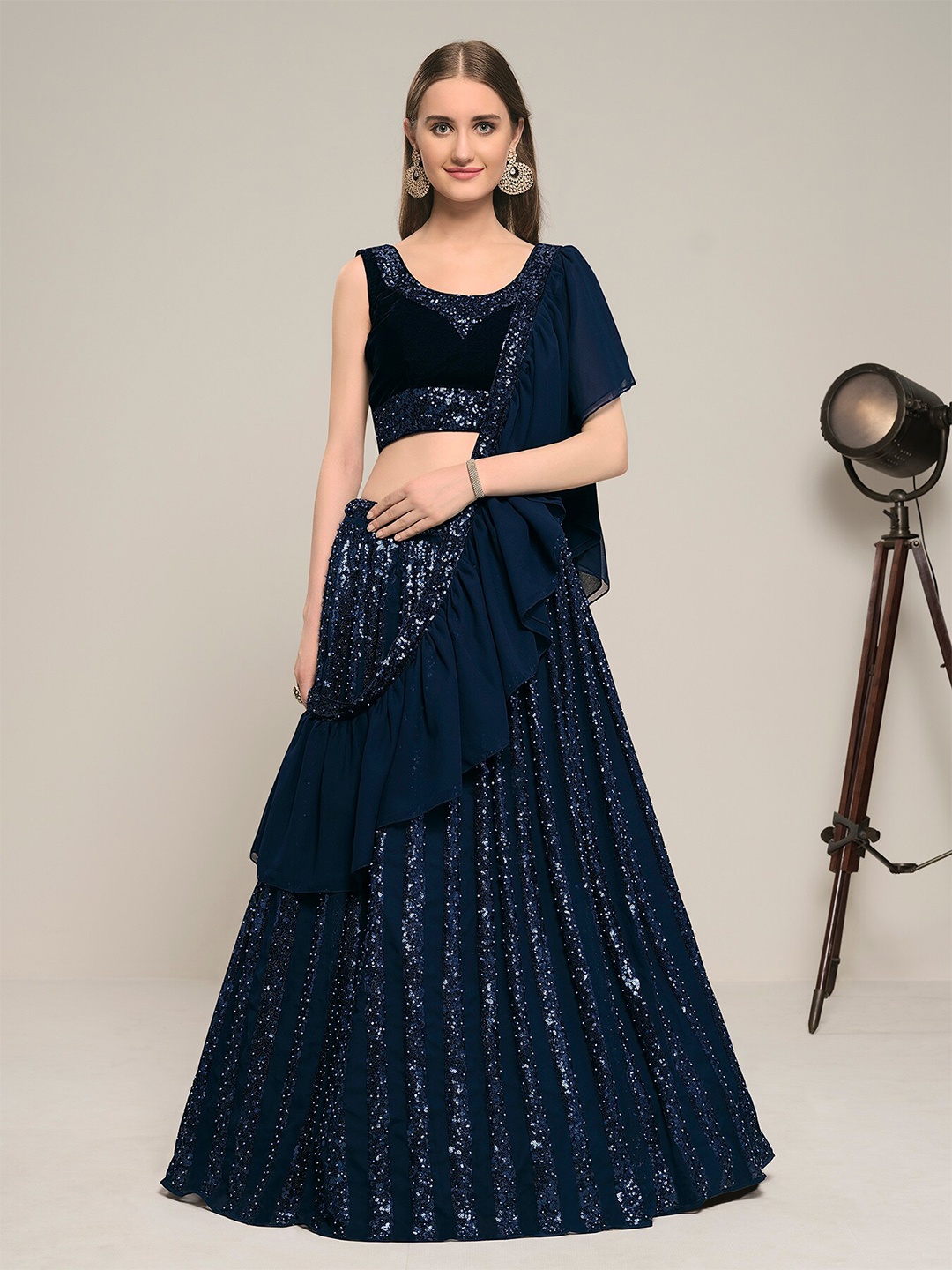 

DRESSTIVE Embellished Sequinned Semi-Stitched Lehenga & Unstitched Blouse With Dupatta, Navy blue