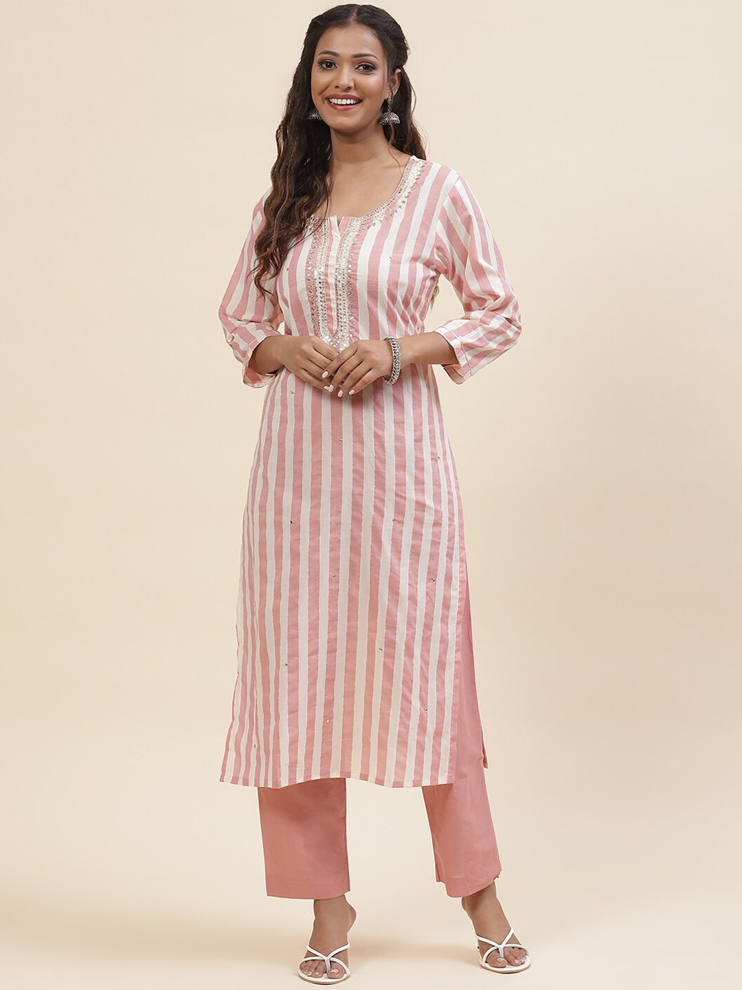 

Meena Bazaar Notched Neck Striped Mirror Work Kurta With Trousers, Peach