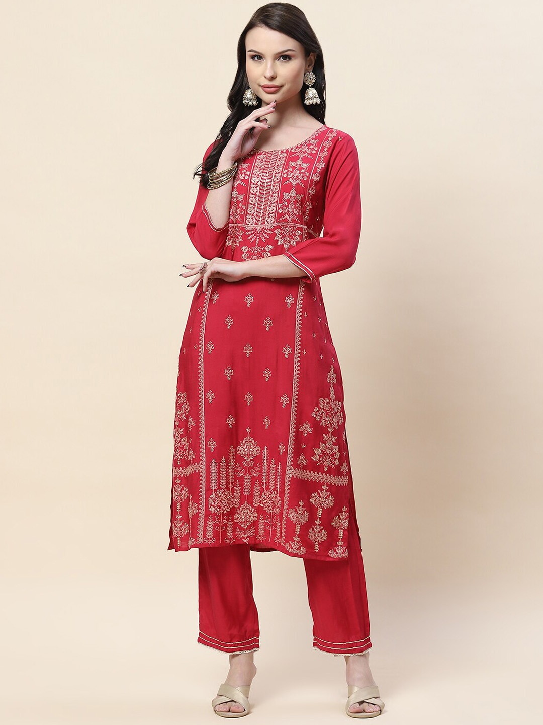 

Meena Bazaar Floral Embroidered Kurta With Trousers, Fuchsia