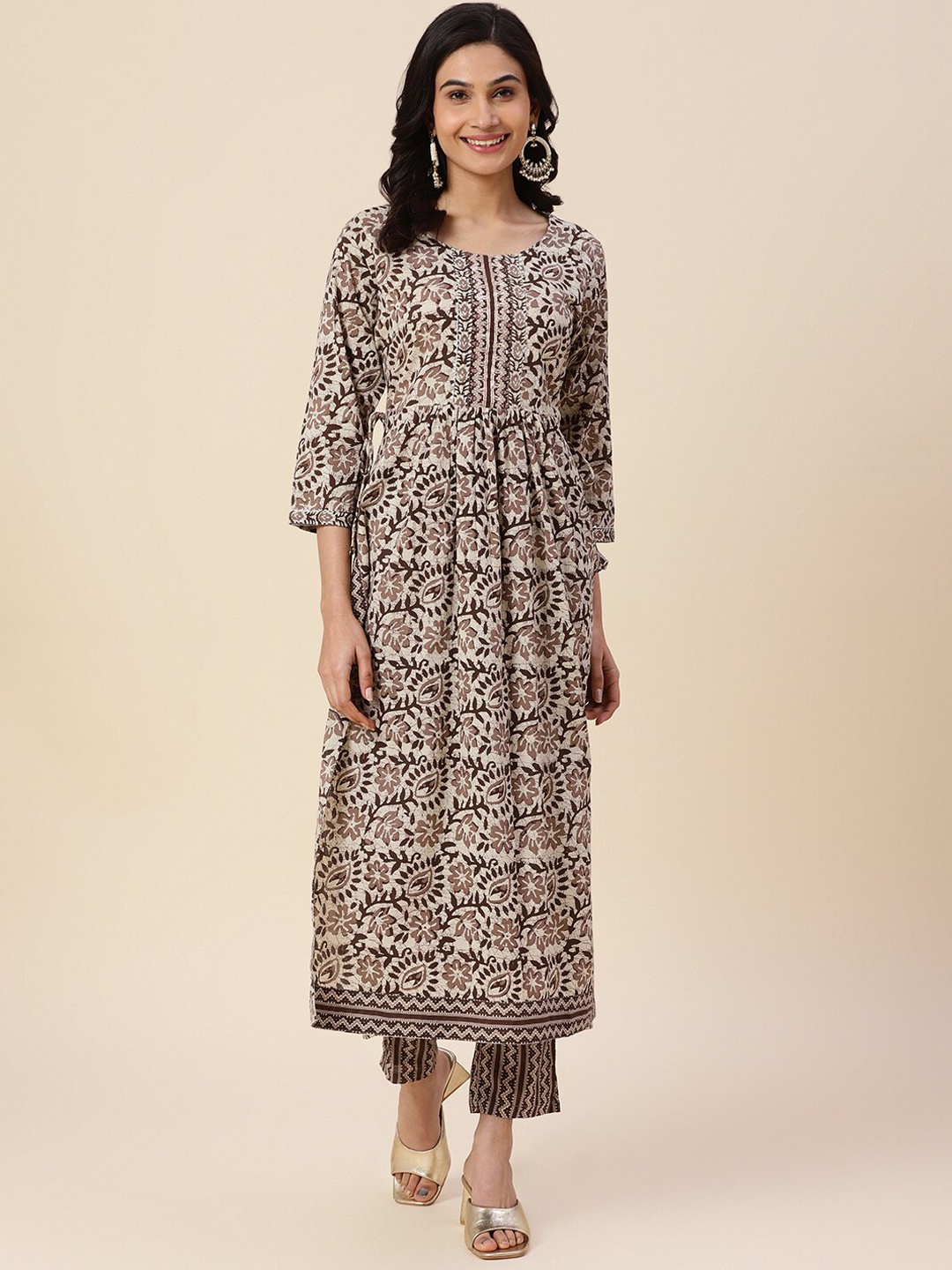 

Meena Bazaar Floral Printed A-Line Pleated Kurta with Trousers, Beige