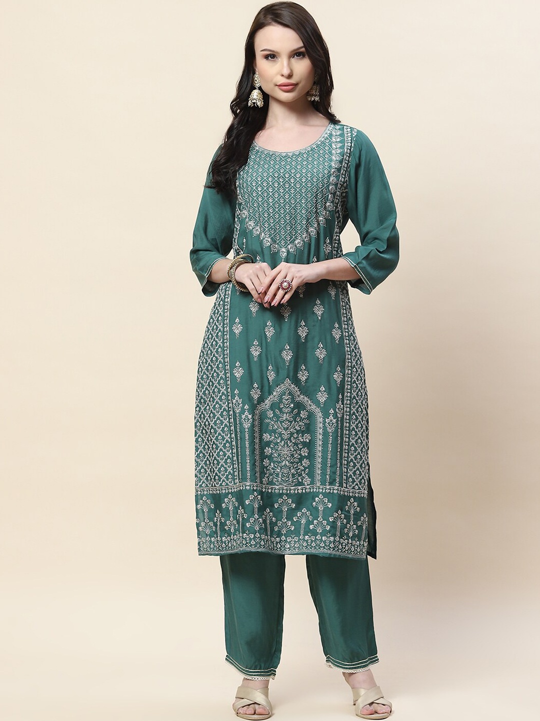 

Meena Bazaar Ethnic Embroidered Zari Detail Straight Kurta with Trousers, Green