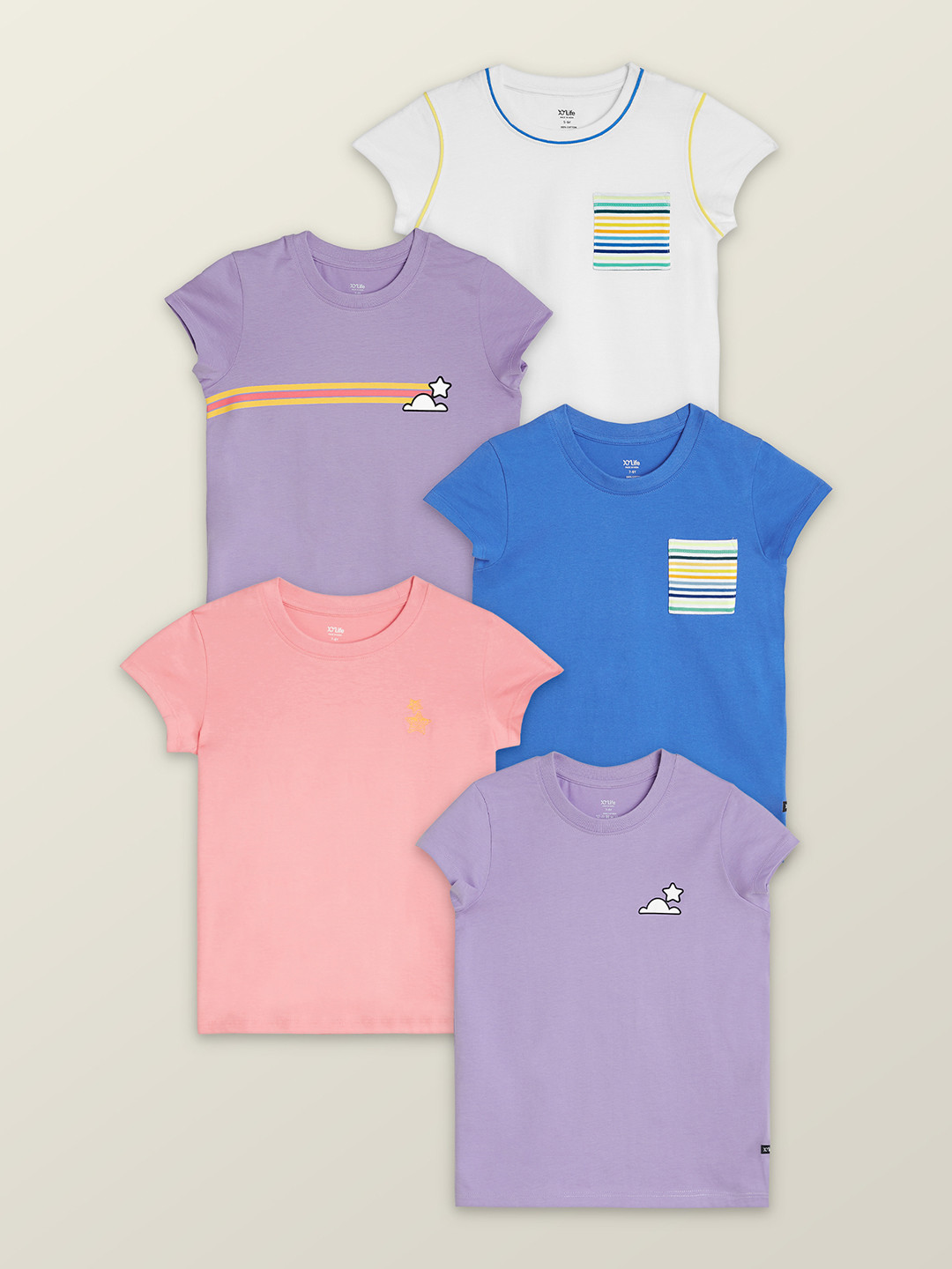 

XY Life Girls Pack Of 5 Printed Playmate Super Combed Pure Cotton T-shirts, Blue