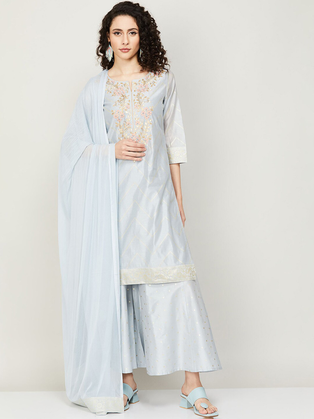 

Melange by Lifestyle Ethnic Motifs Embroidered Kurta with Palazzos & Dupatta, Blue