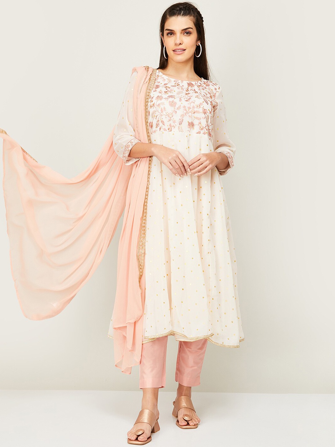 

Melange by Lifestyle Ethnic Embroidered Boat Neck Anarkali Kurta with Pyjamas & Dupatta, Off white