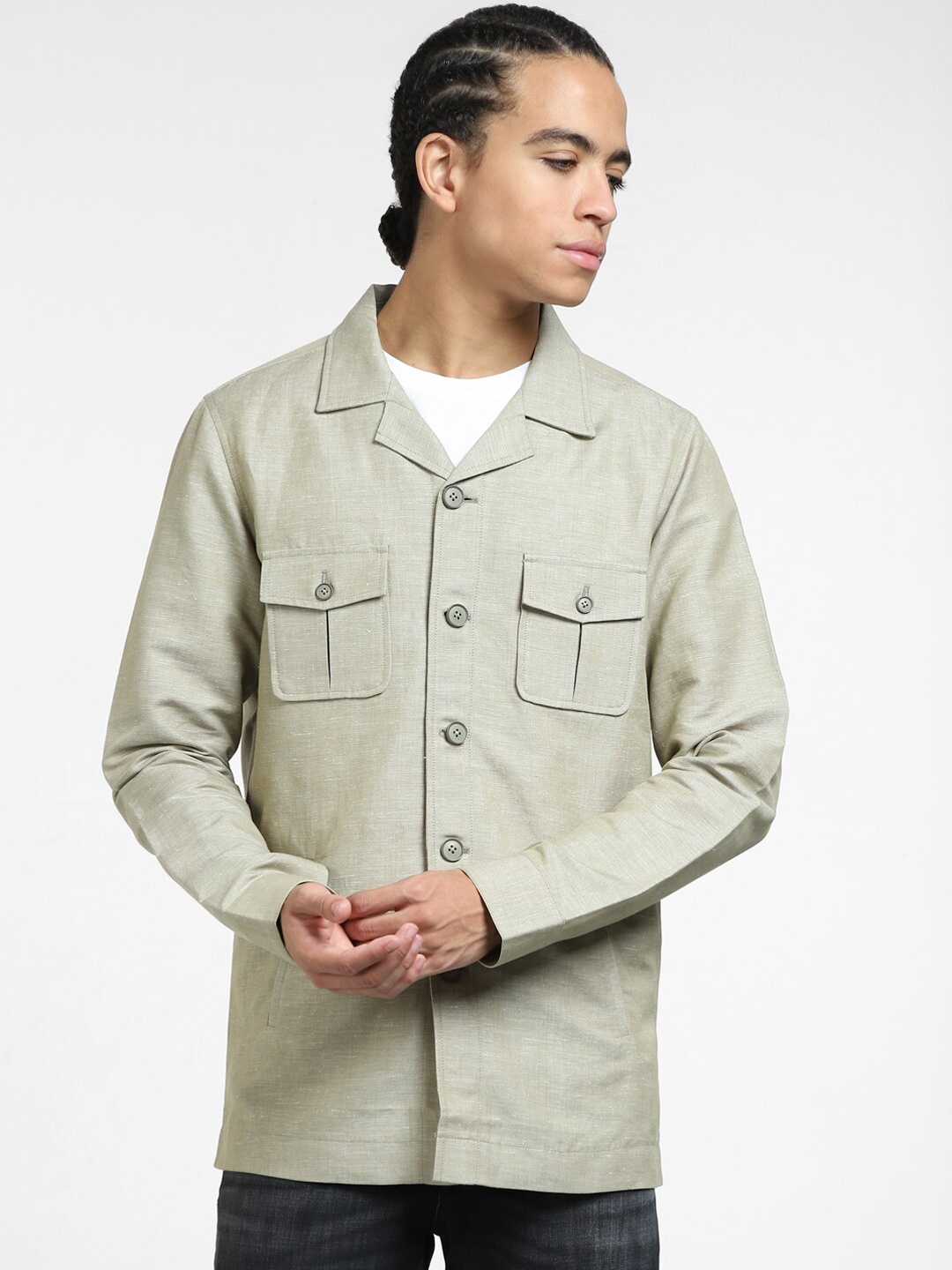 

Jack & Jones Cuban Collar Long Sleeves Linen Shacket, Green