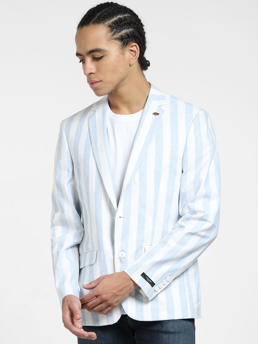 

Jack & Jones Men Striped Slim-Fit Single Breasted Blazer, Blue