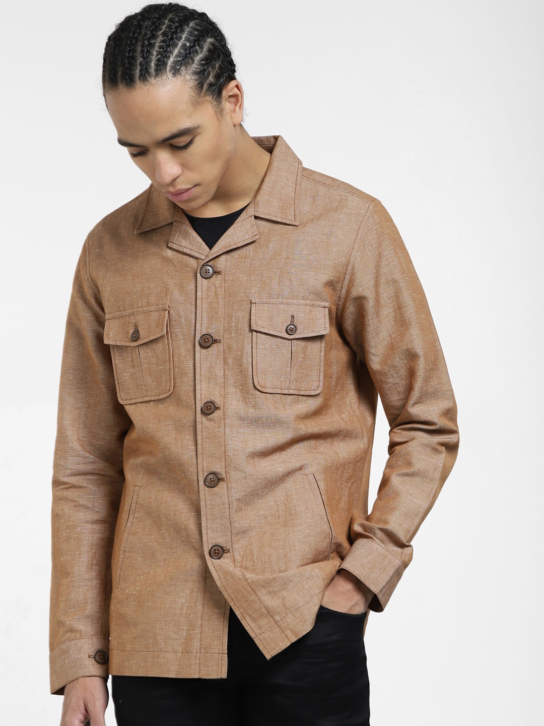 

Jack & Jones Cuban Collar Long Sleeves Casual Shacket, Brown