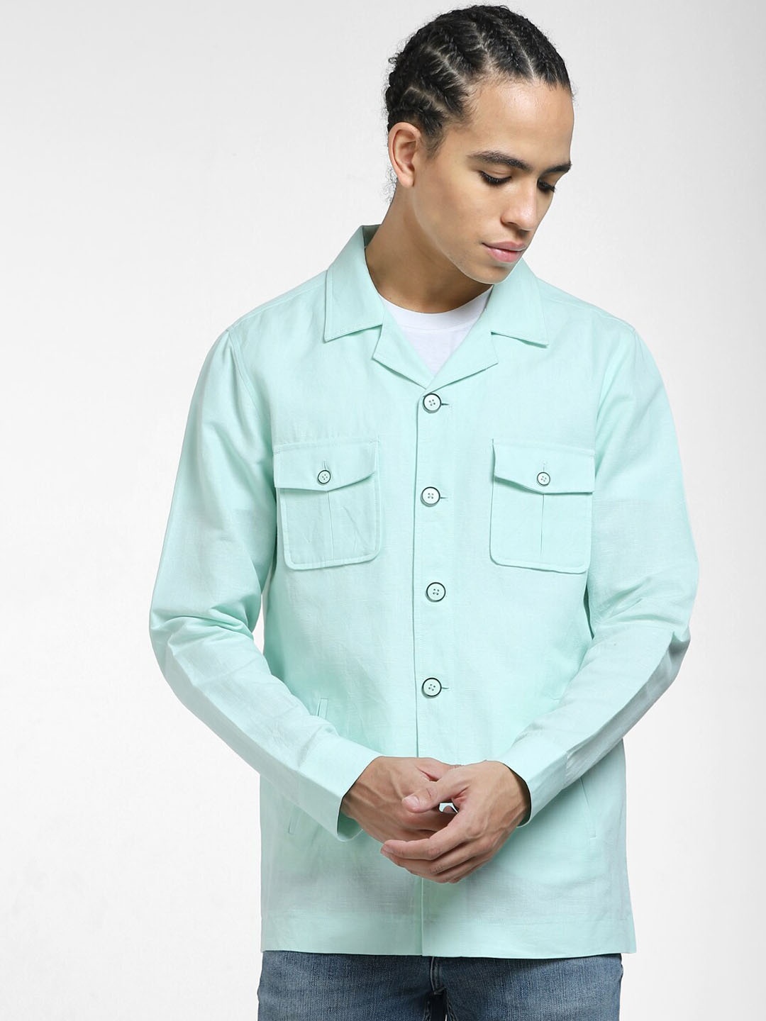 

Jack & Jones Cuban Collar Long Sleeves Linen Shacket, Sea green