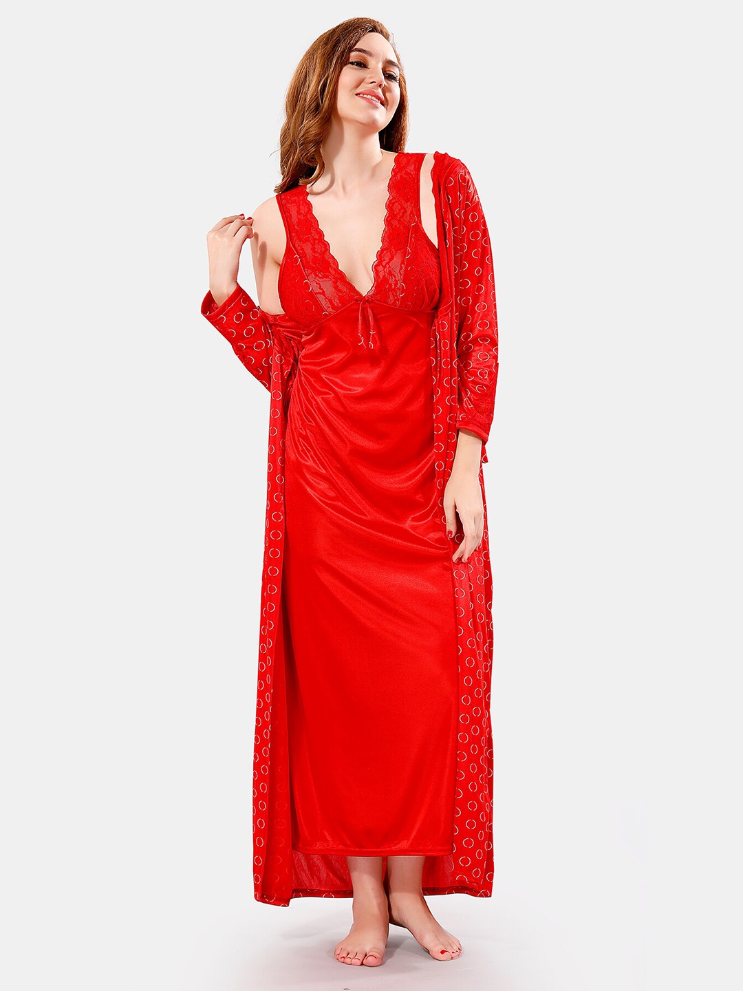 

Be You V Neck Lace Satin Maxi Nightdress With Robe, Red