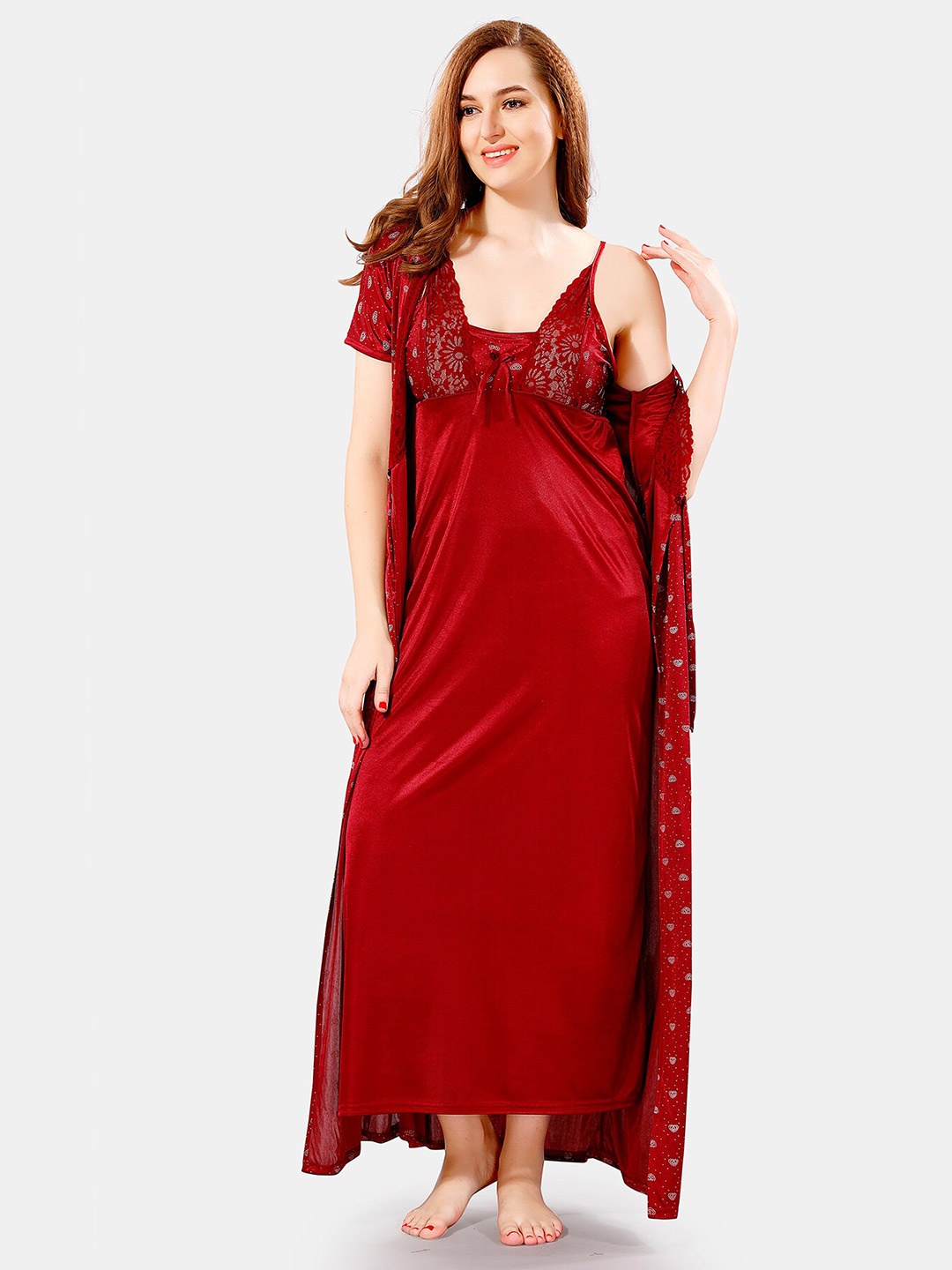 

Be You V Neck Lace Satin Maxi Nightdress With Robe, Maroon