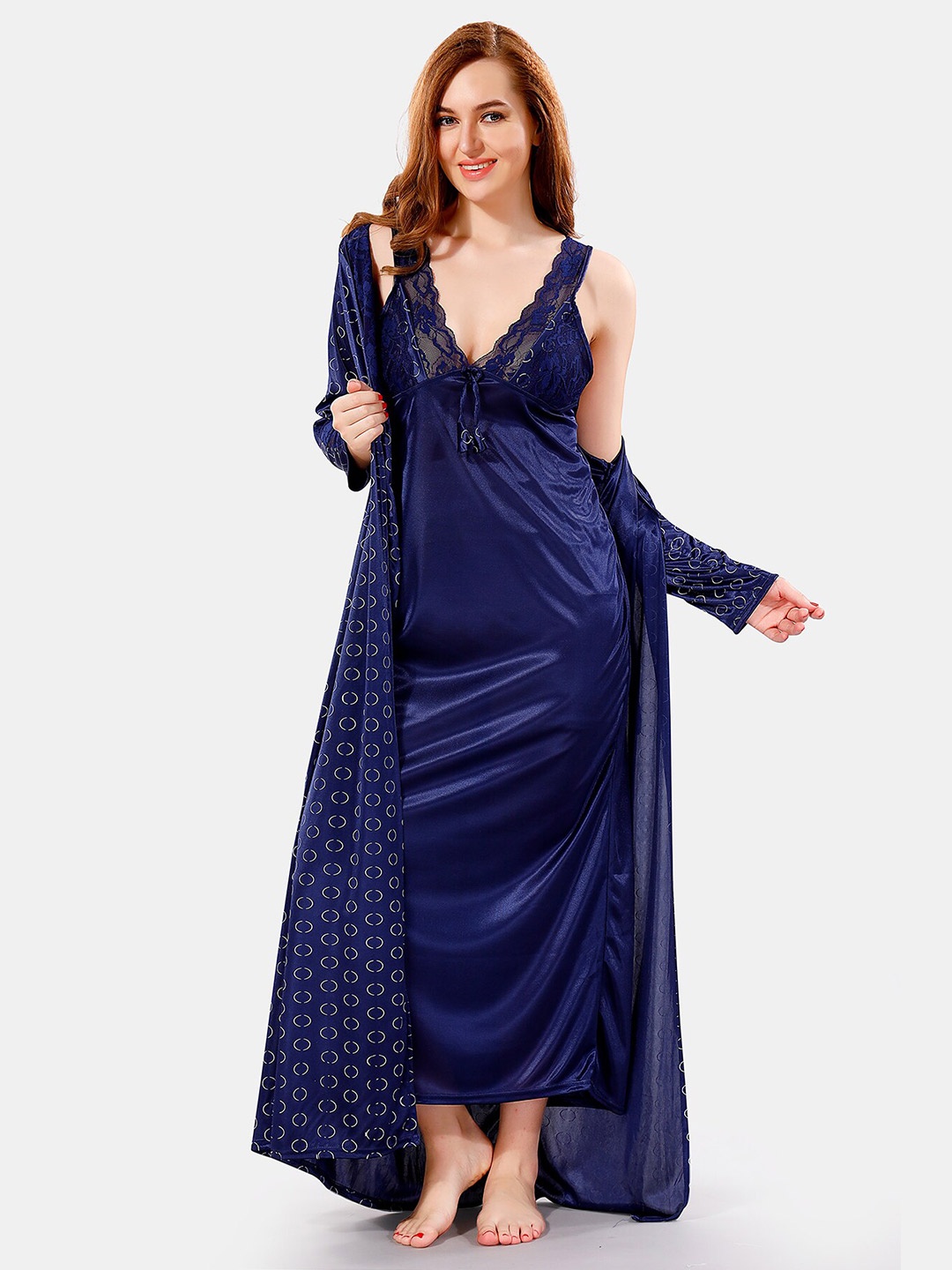 

Be You V Neck Lace Satin Maxi Nightdress With Robe, Navy blue
