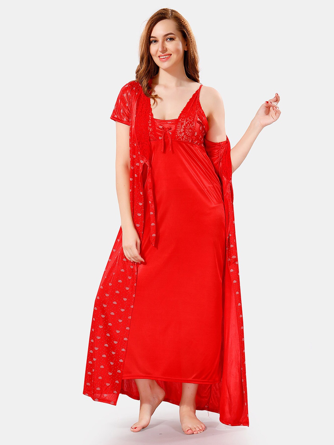 

Be You V Neck Lace Satin Maxi Nightdress With Robe, Red