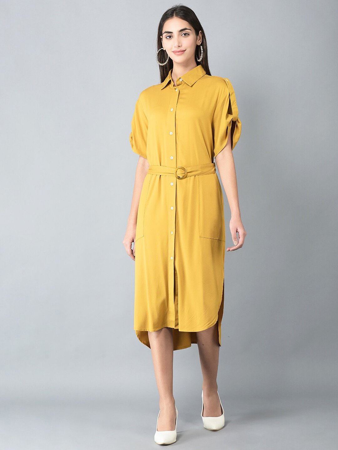 

CANOE Roll Up Sleeves Satin Shirt Style Midi Dress, Mustard
