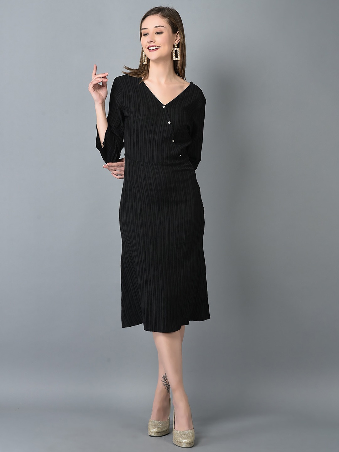 

CANOE Striped V Neck Wrap Midi Dress, Black