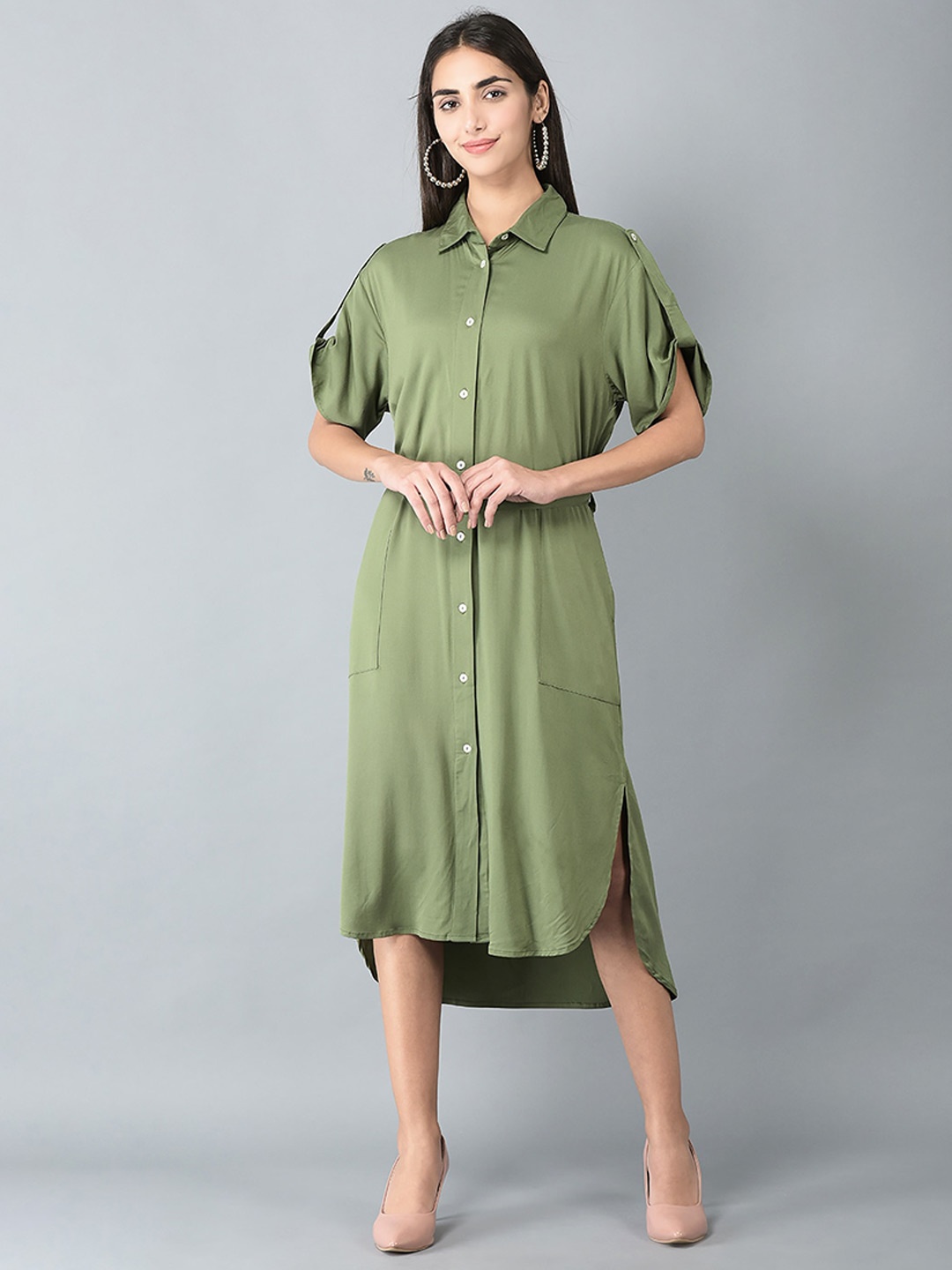 

CANOE Roll Up Sleeves Satin Shirt Style Midi Dress, Olive