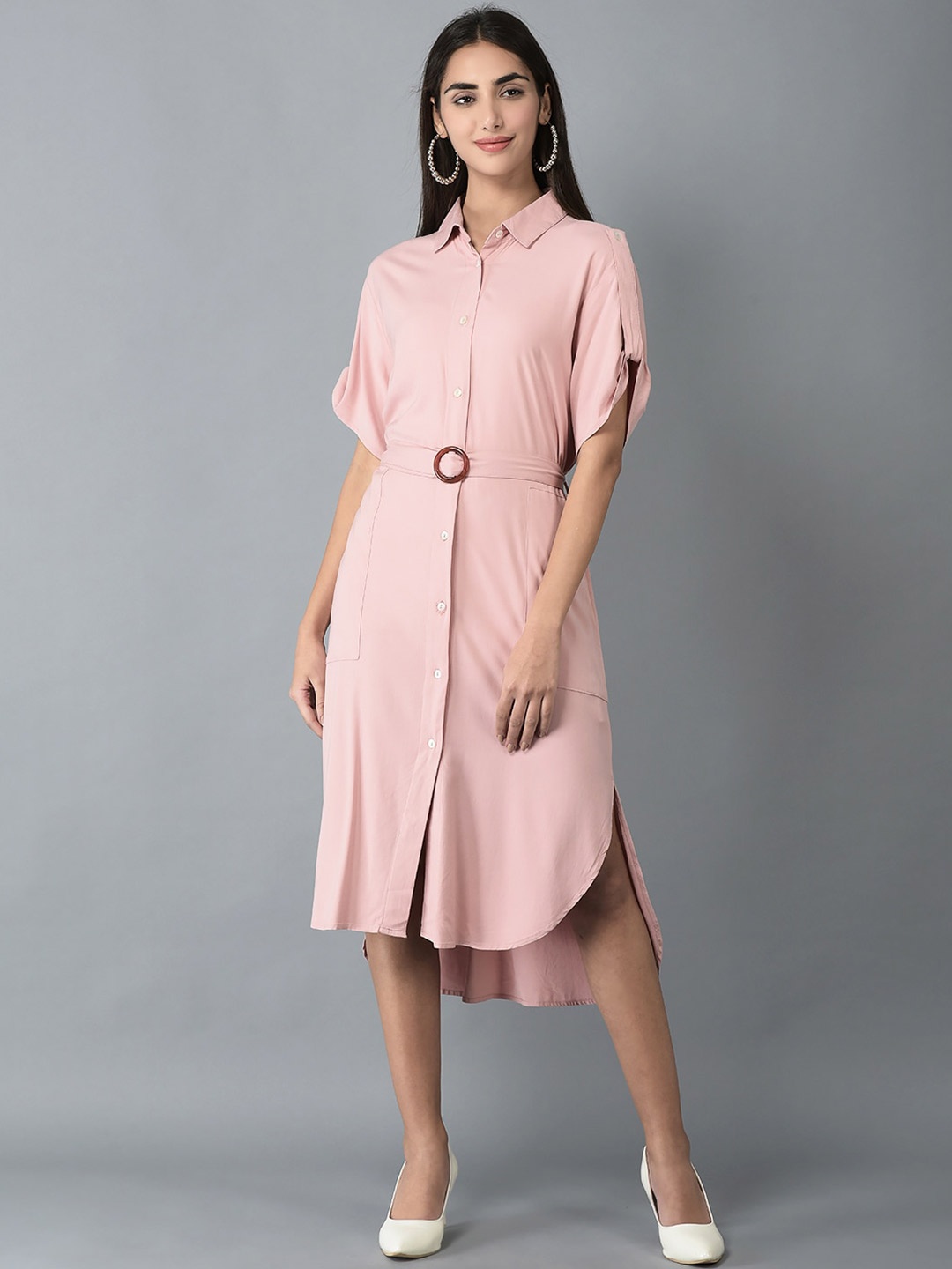 

CANOE Roll-Up Sleeves High-Low Shirt Midi Dress, Pink