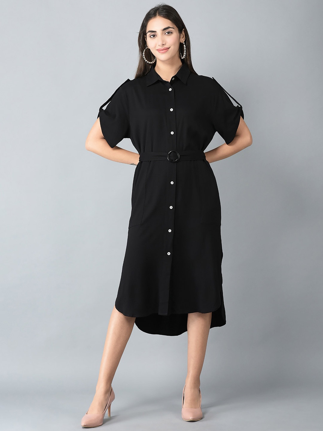 

CANOE Roll-Up Sleeves High-Low Shirt Midi Dress, Black