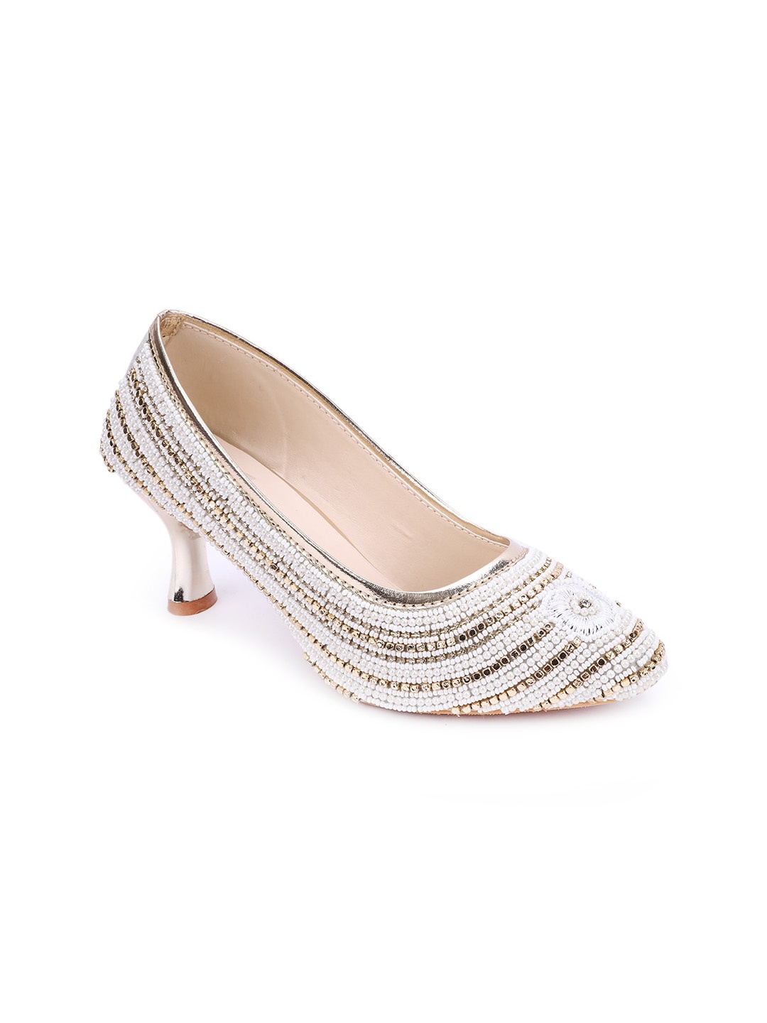 

The Desi Dulhan Embellished Pointed Toe Ethnic Kitten Pumps, White