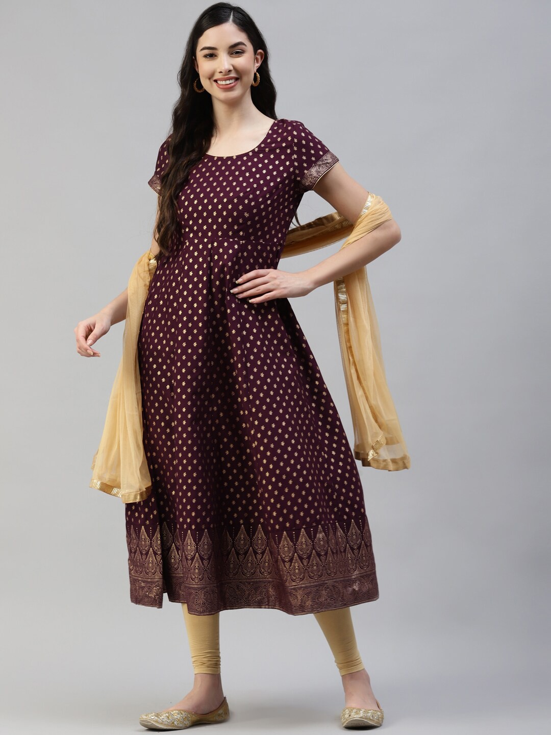 

Poshak Hub Ethnic Motifs Printed Pure Cotton Kurta With Leggings & Dupatta, Burgundy