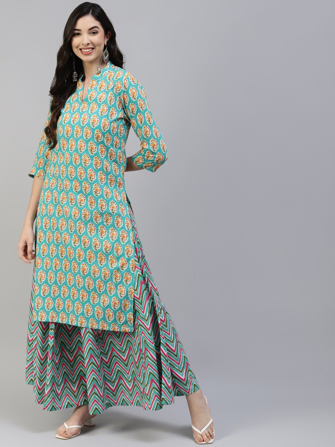 

Poshak Hub Ethnic Motifs Printed Pure Cotton Kurta with Skirt, Turquoise blue