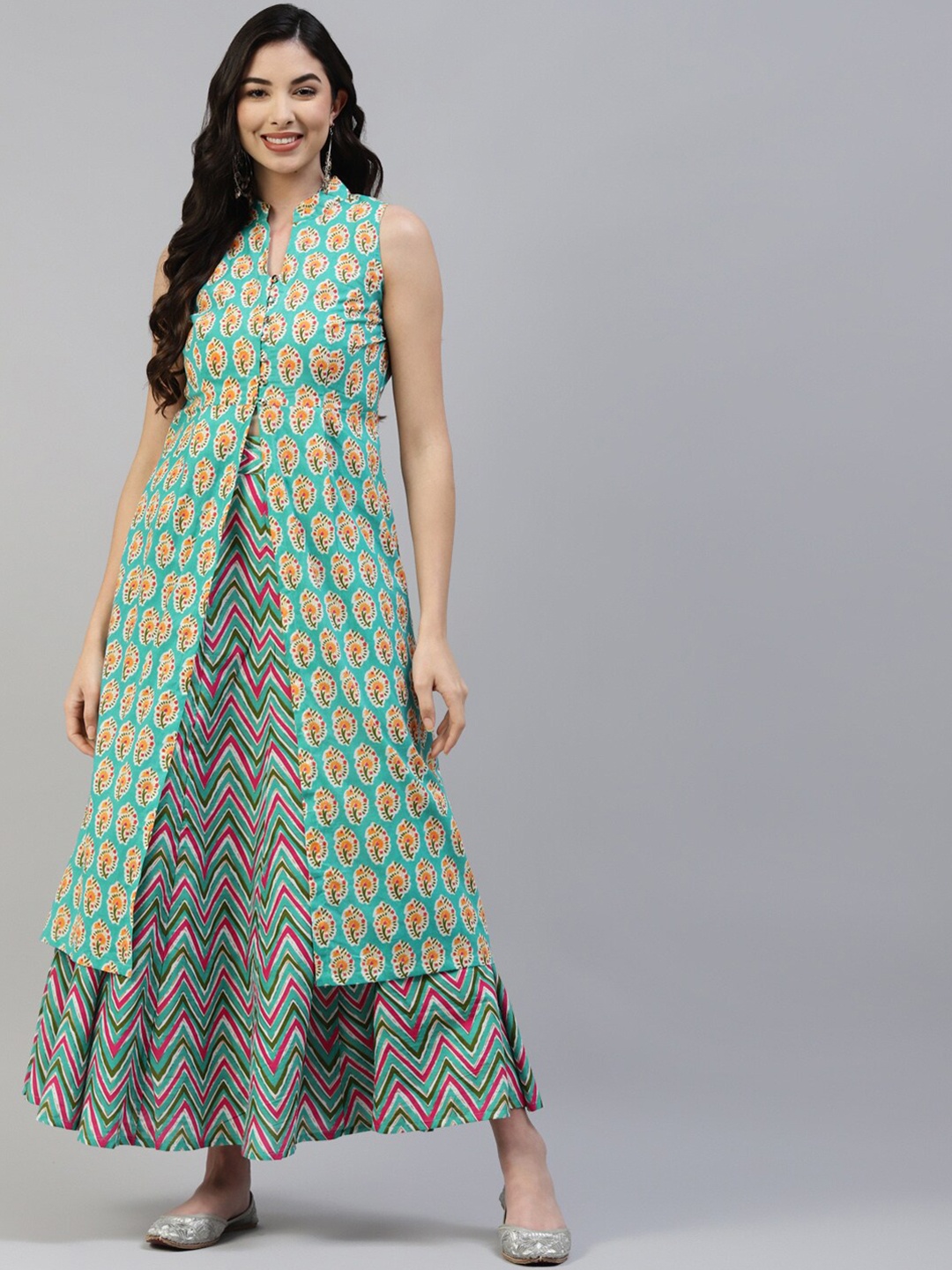 

Poshak Hub Ethnic Motifs Printed Pure Cotton Open Front Kurta with Skirt, Sea green