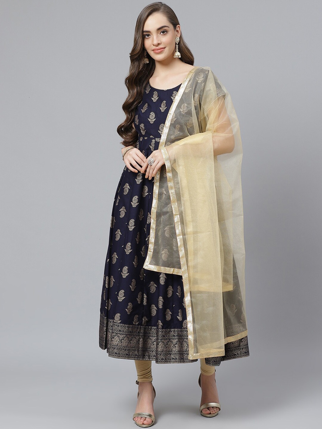 

Poshak Hub Ethnic Motifs Printed Anarkali Pure Cotton Kurta With Leggings & Dupatta, Blue