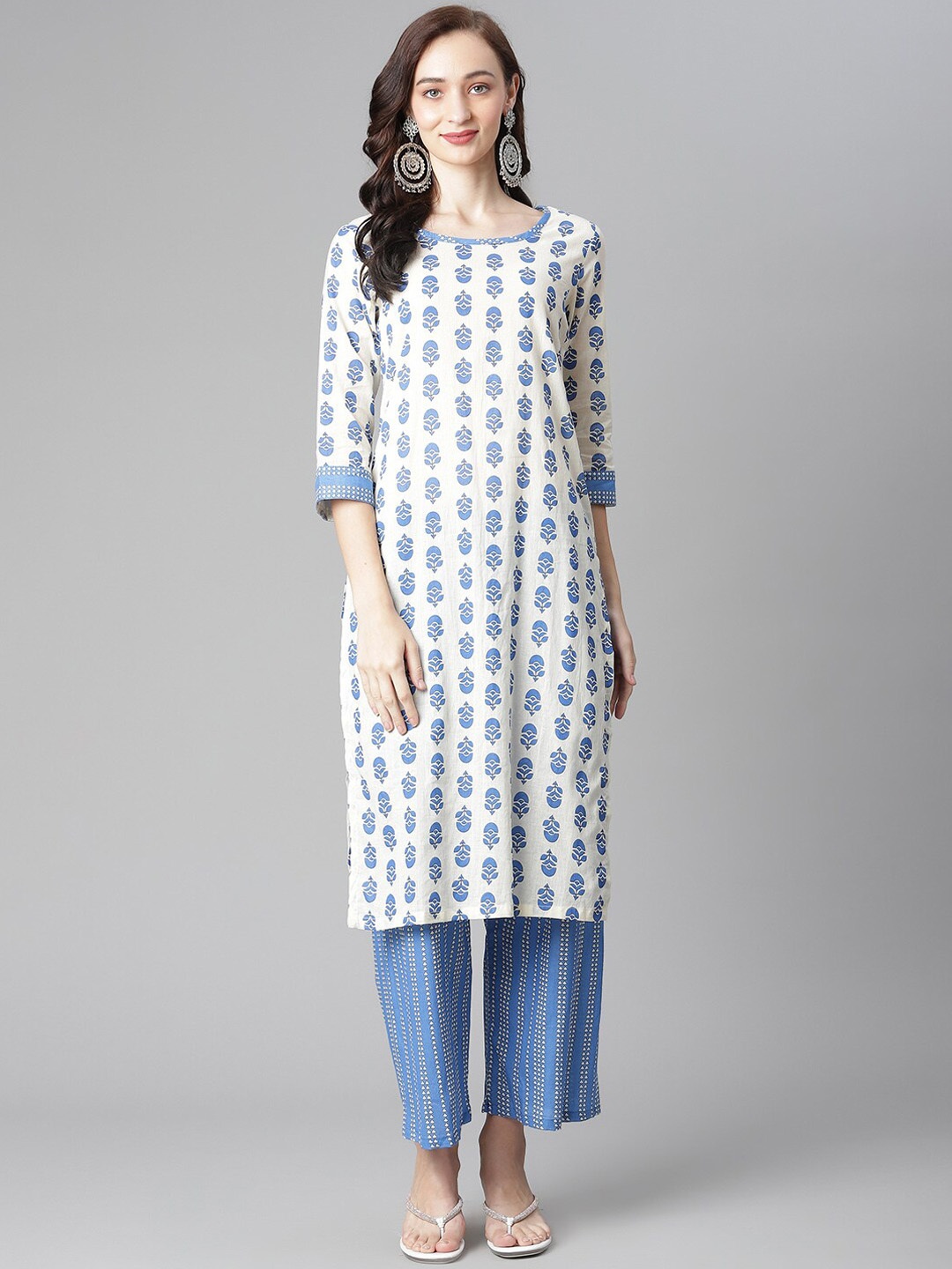 

Poshak Hub Printed Pure Cotton Kurta with Palazzos, Off white