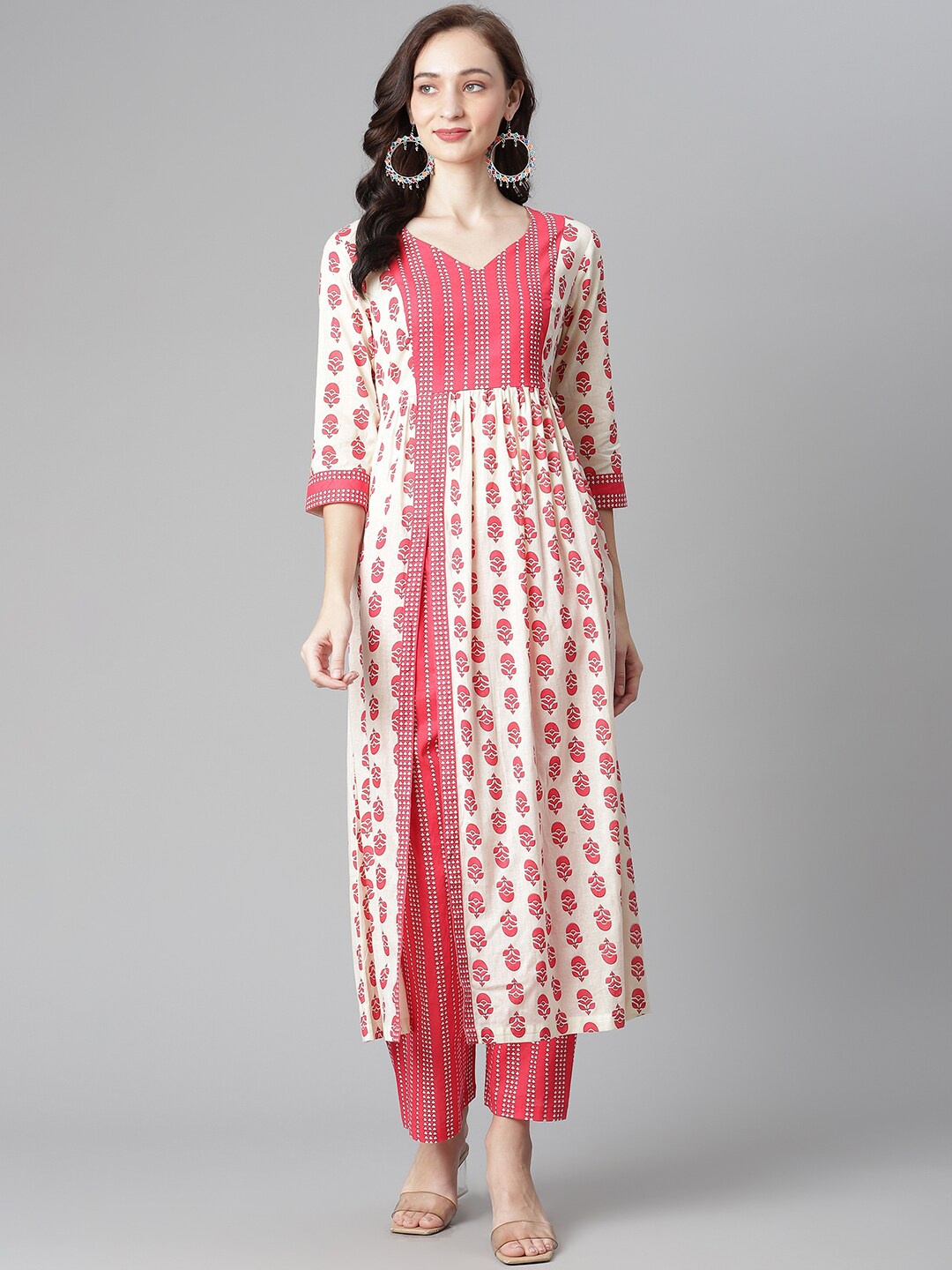 

Poshak Hub Printed Pure Cotton Kurta with Palazzos, Off white