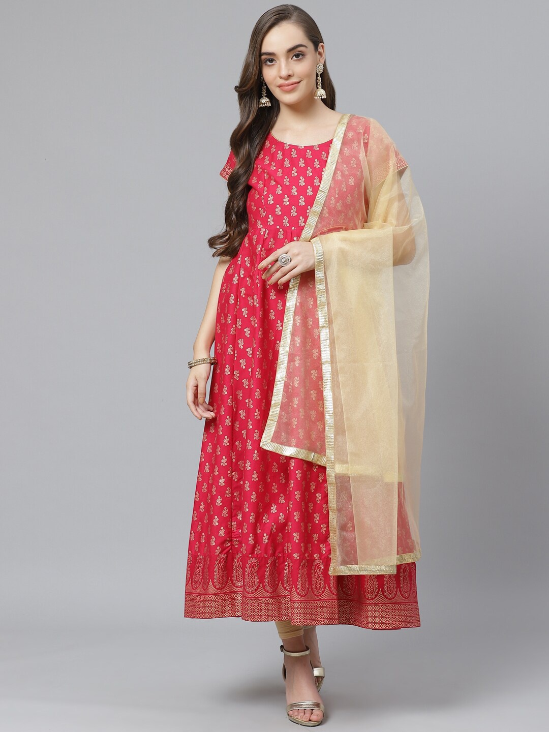 

Poshak Hub Ethnic Motifs Printed Empire Pure Cotton Kurta With Dupatta, Red