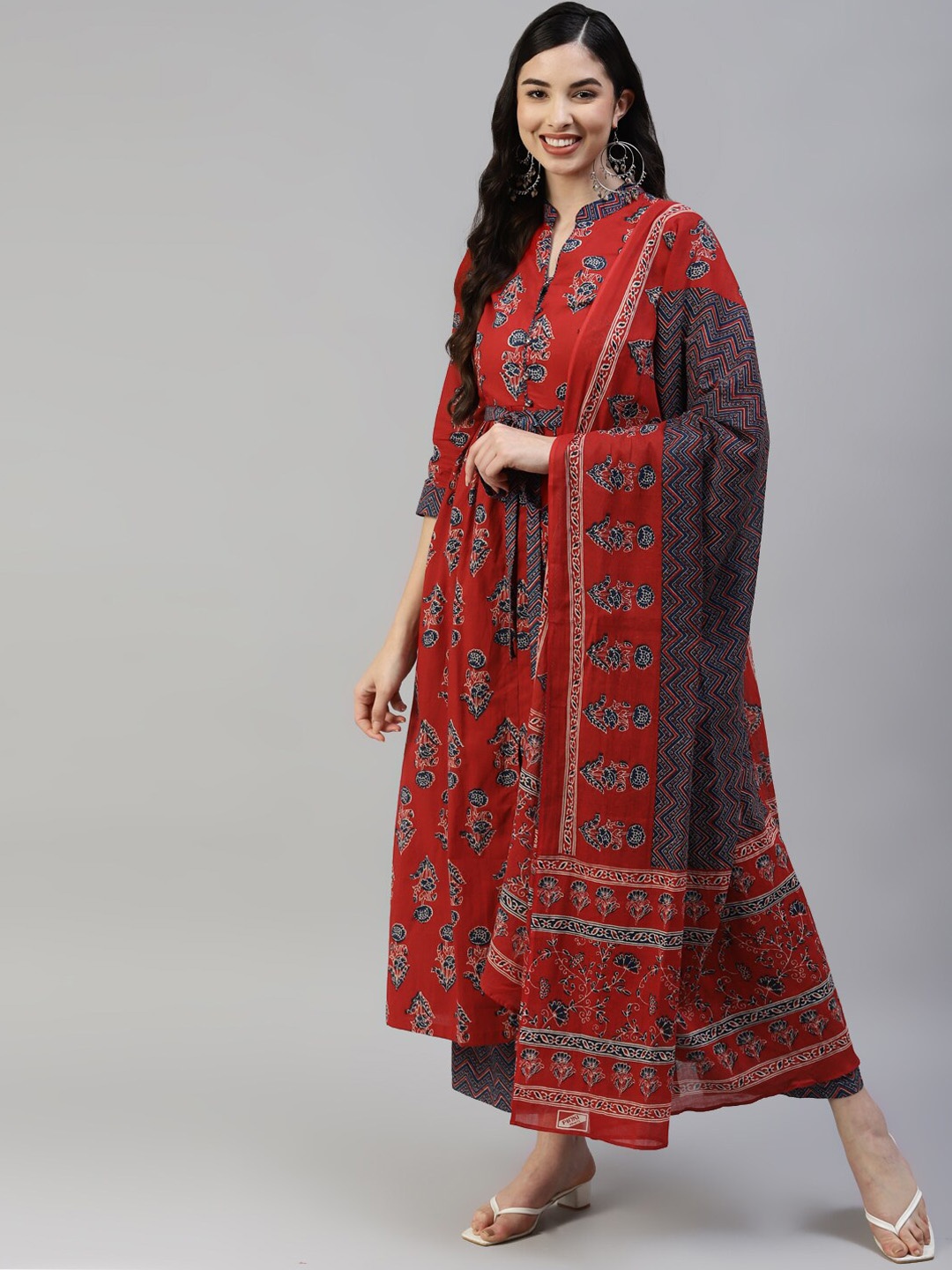 

Poshak Hub Ethnic Motifs Printed Pure Cotton Kurta with Palazzos & Dupatta, Red