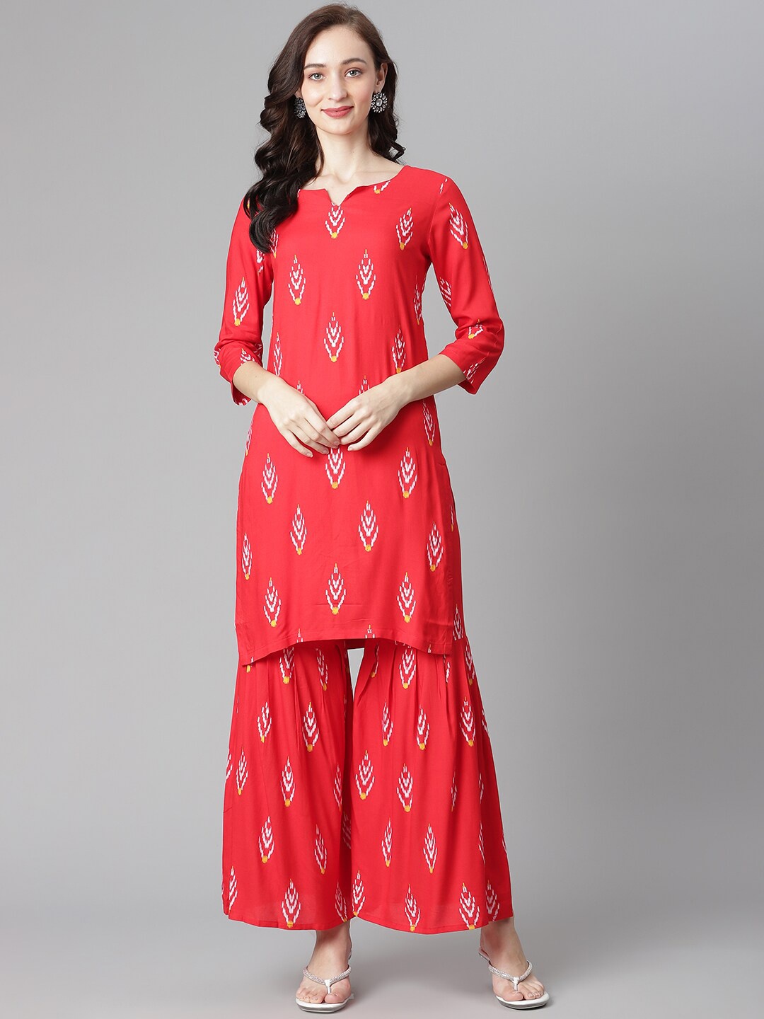 

Poshak Hub Ethnic Motifs Printed Pure Cotton Kurta with Sharara, Red