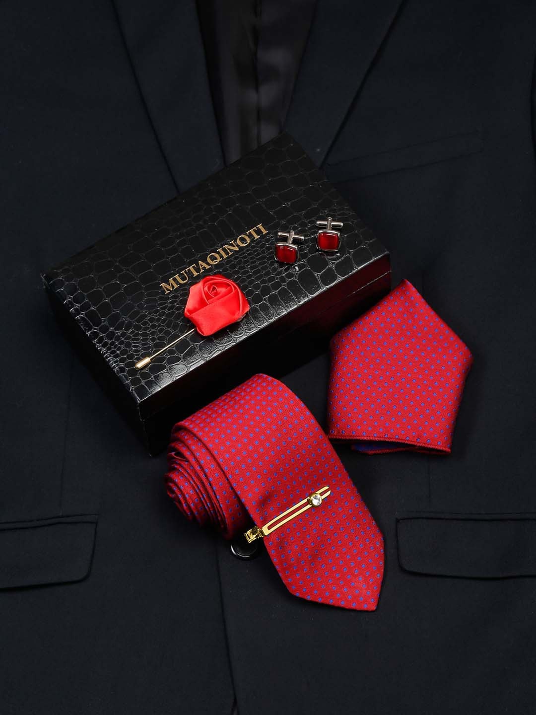 

MUTAQINOTI Men Silk Necktie Accessory Gift Set, Red