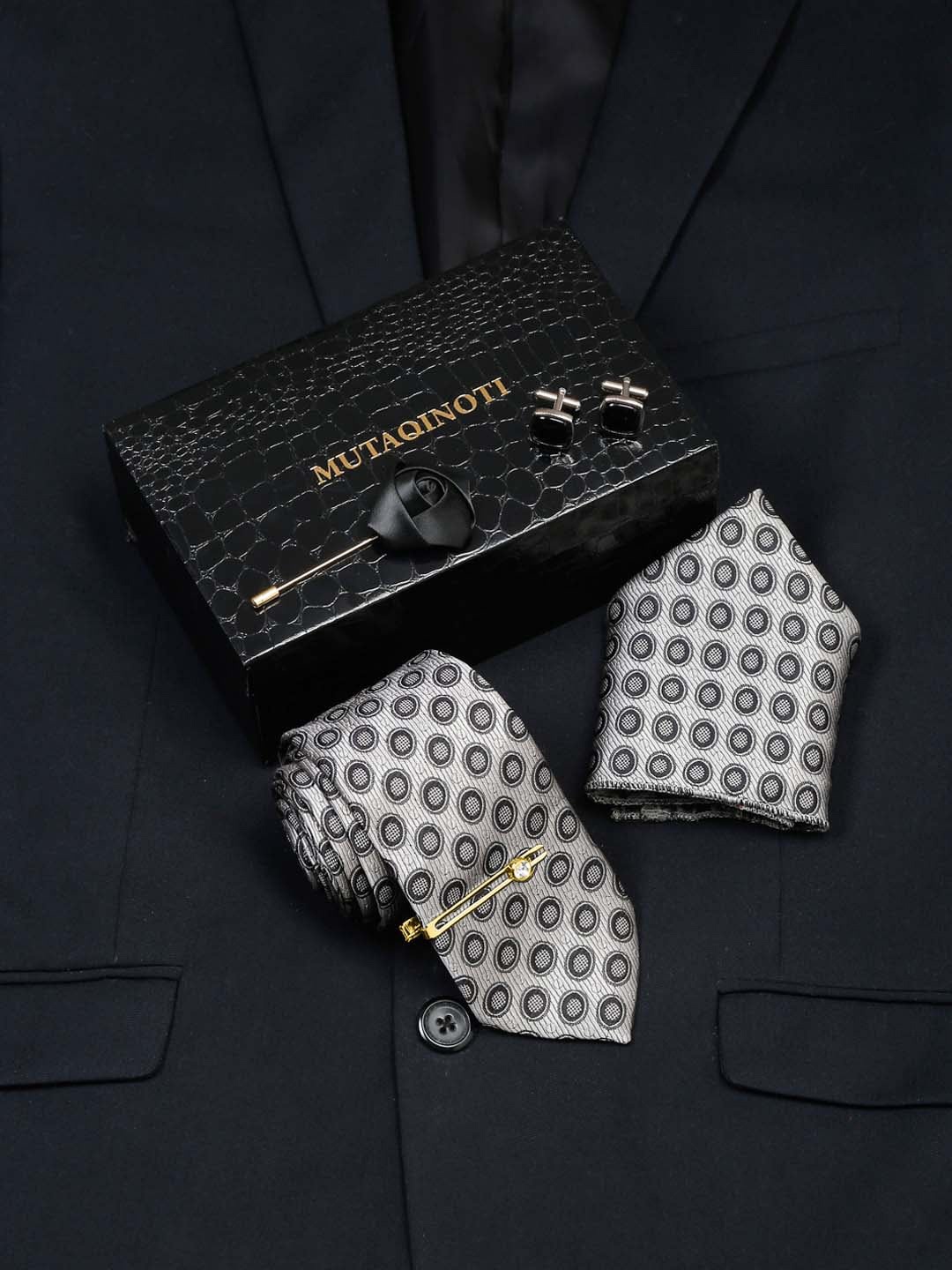 

MUTAQINOTI Men Silk Necktie Accessory Gift Set, Black