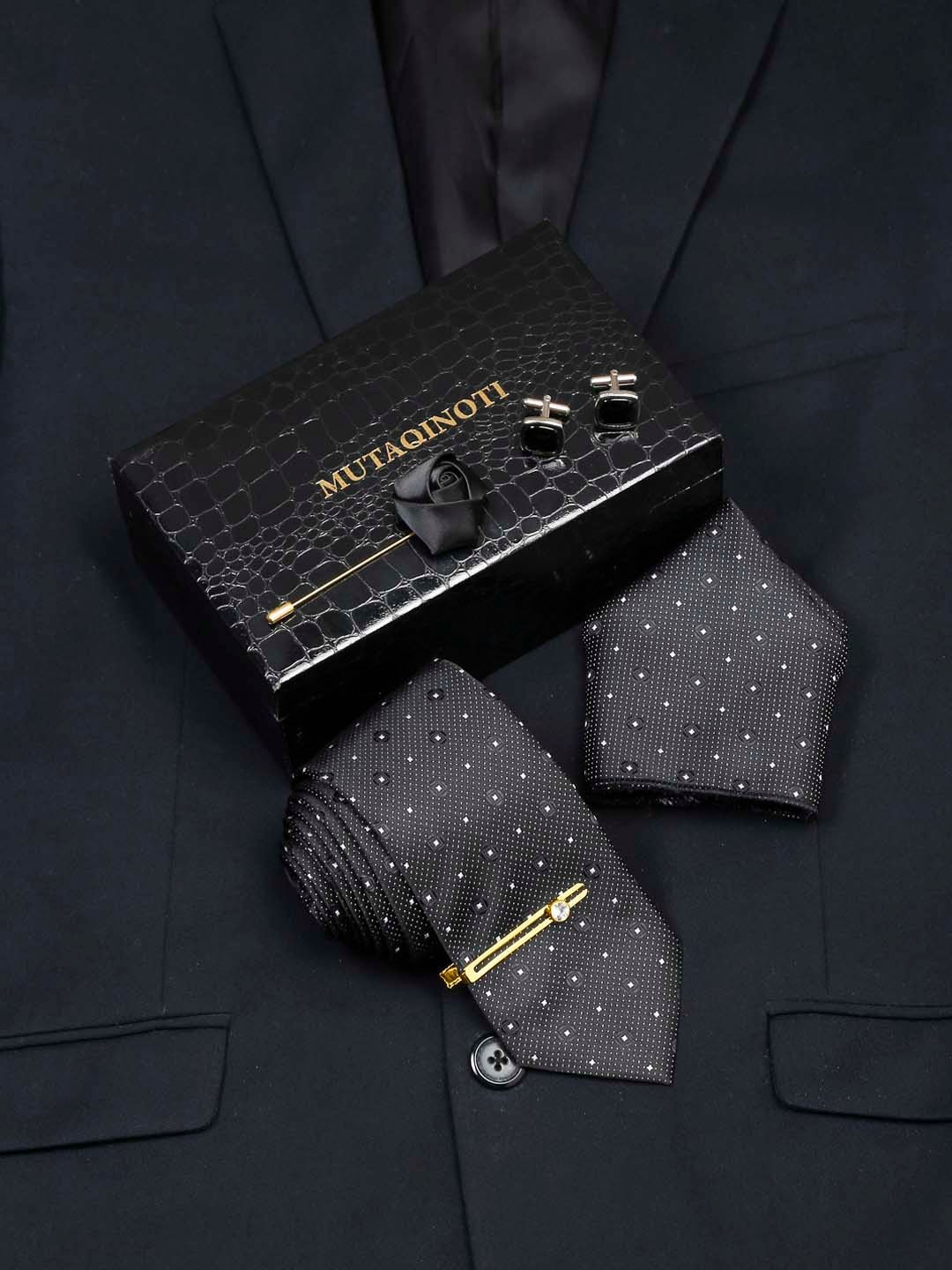 

MUTAQINOTI Men Checkered Silk Necktie Accessory Gift Set, Black