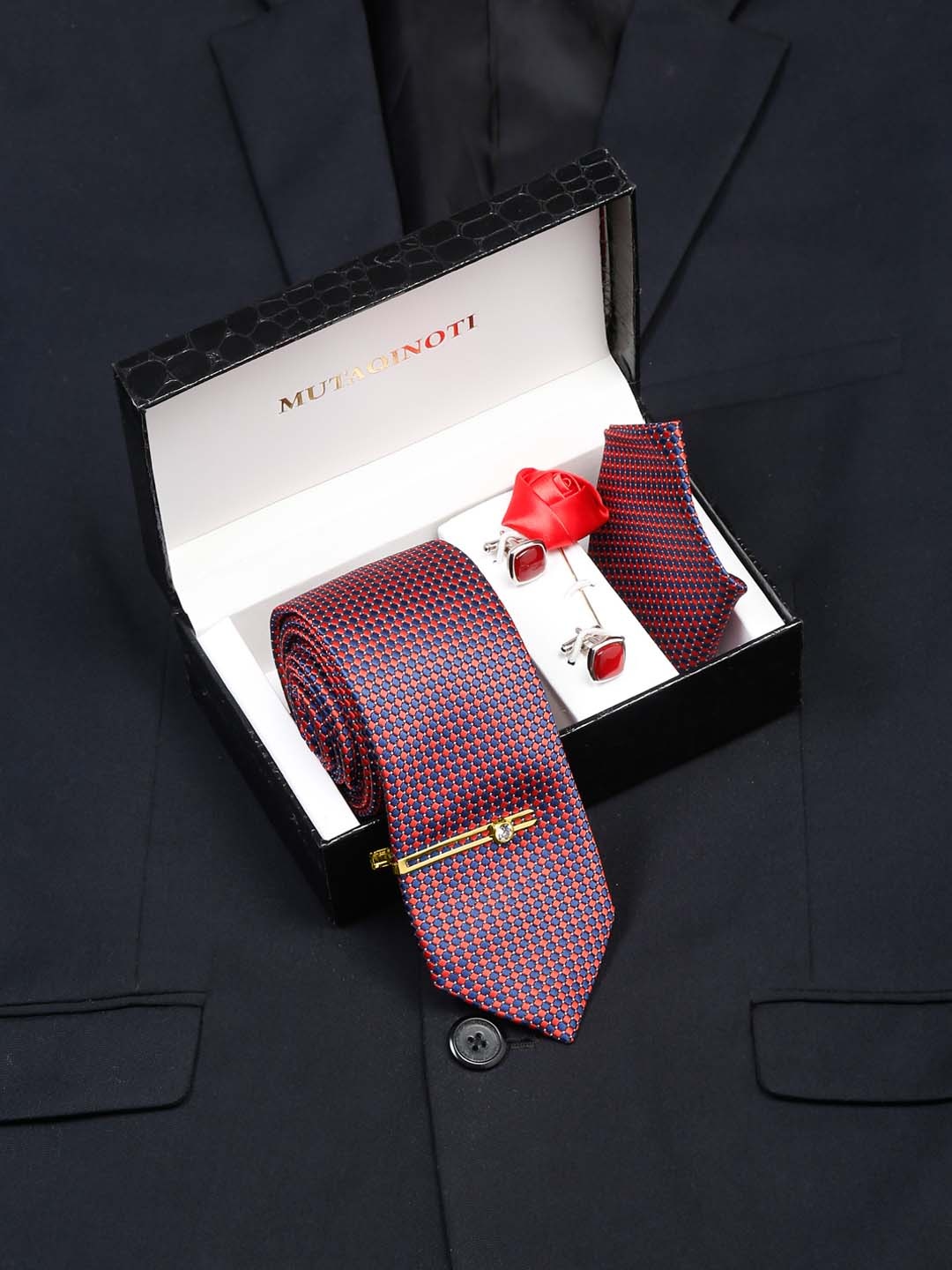 

MUTAQINOTI Men Silk Necktie Accessory Gift Set, Red