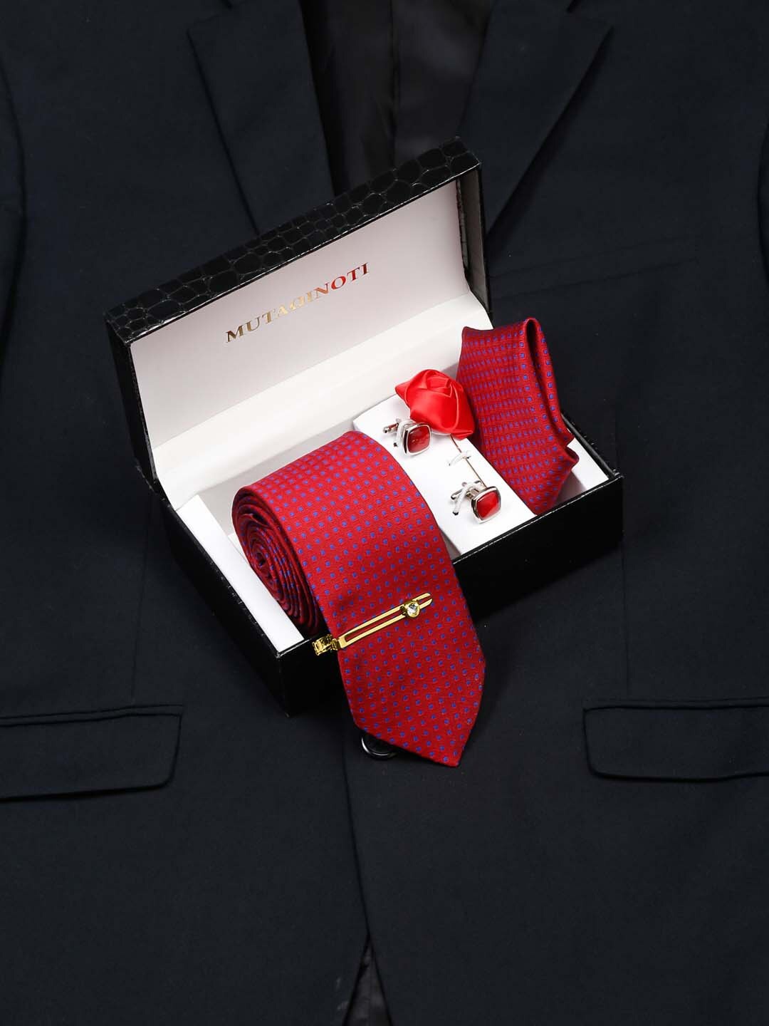 

MUTAQINOTI Men Silk Necktie Accessory Gift Set, Red