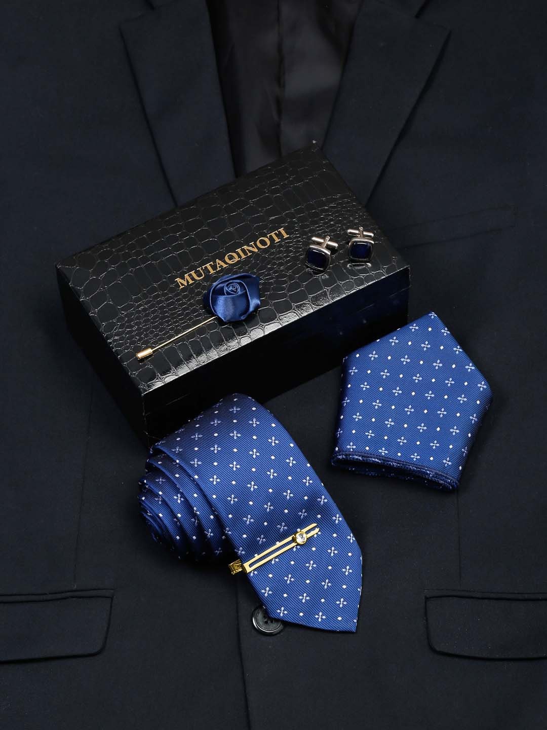 

MUTAQINOTI Men Silk Necktie Accessory Gift Set, Blue