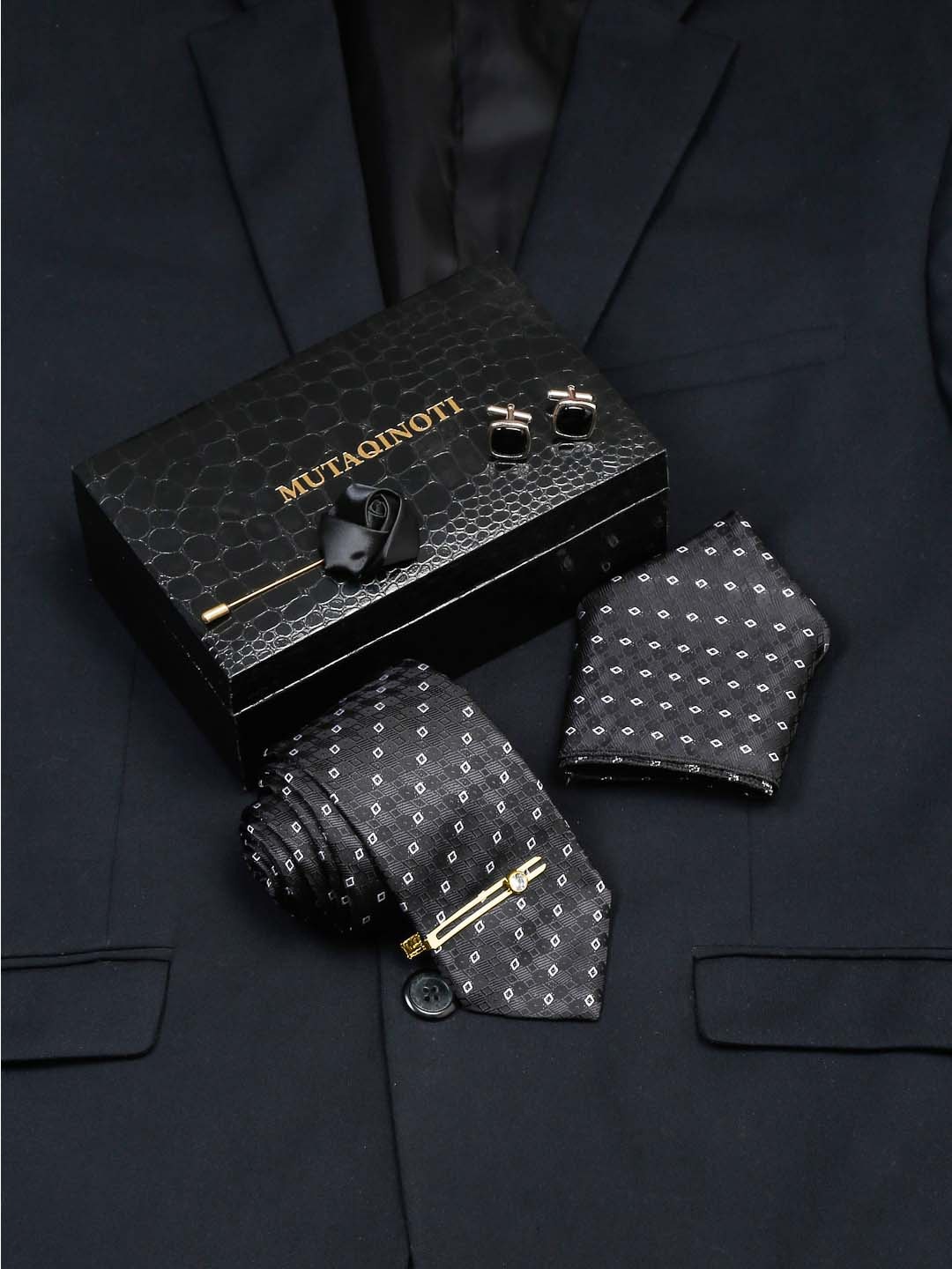 

MUTAQINOTI Men Silk Necktie Accessory Gift Set, Black