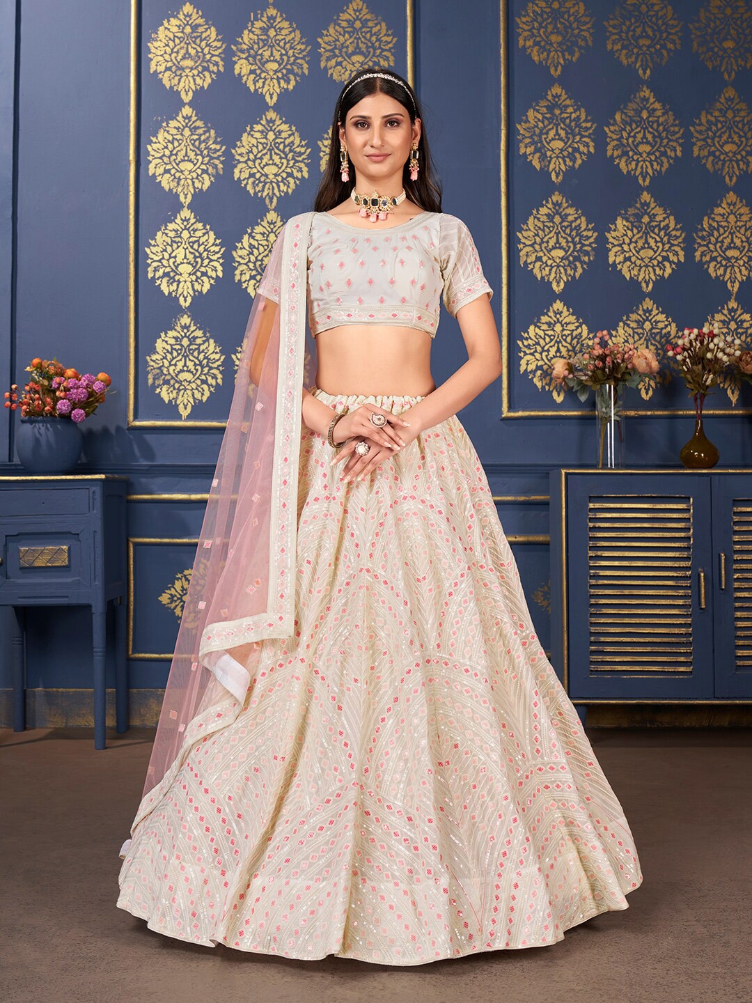 

SHOPGARB Embroidered Sequinned Semi-Stitched Lehenga & Unstitched Blouse With Dupatta, Off white