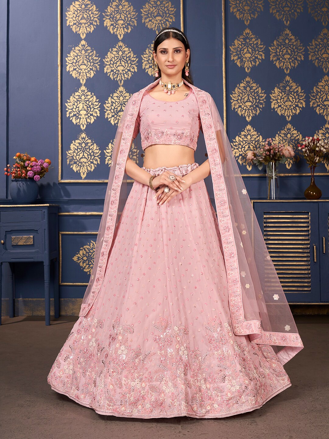 

SHOPGARB Embroidered Semi-Stitched Lehenga & Unstitched Blouse With Dupatta, Pink