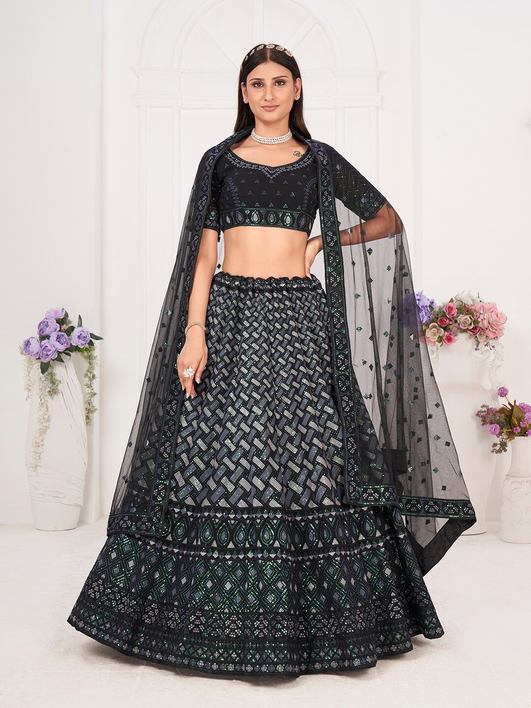 

SHOPGARB Embellished Sequinned Semi-Stitched Lehenga & Unstitched Blouse With Dupatta, Black
